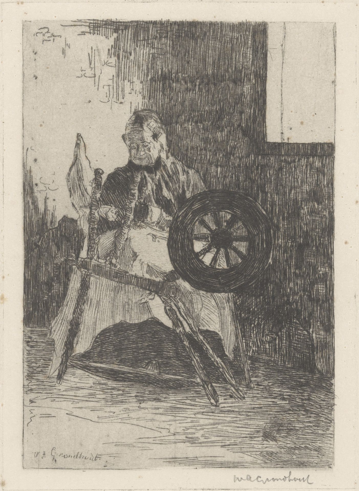 Vrouw achter een spinnewiel by Willem Adrianus Grondhout
