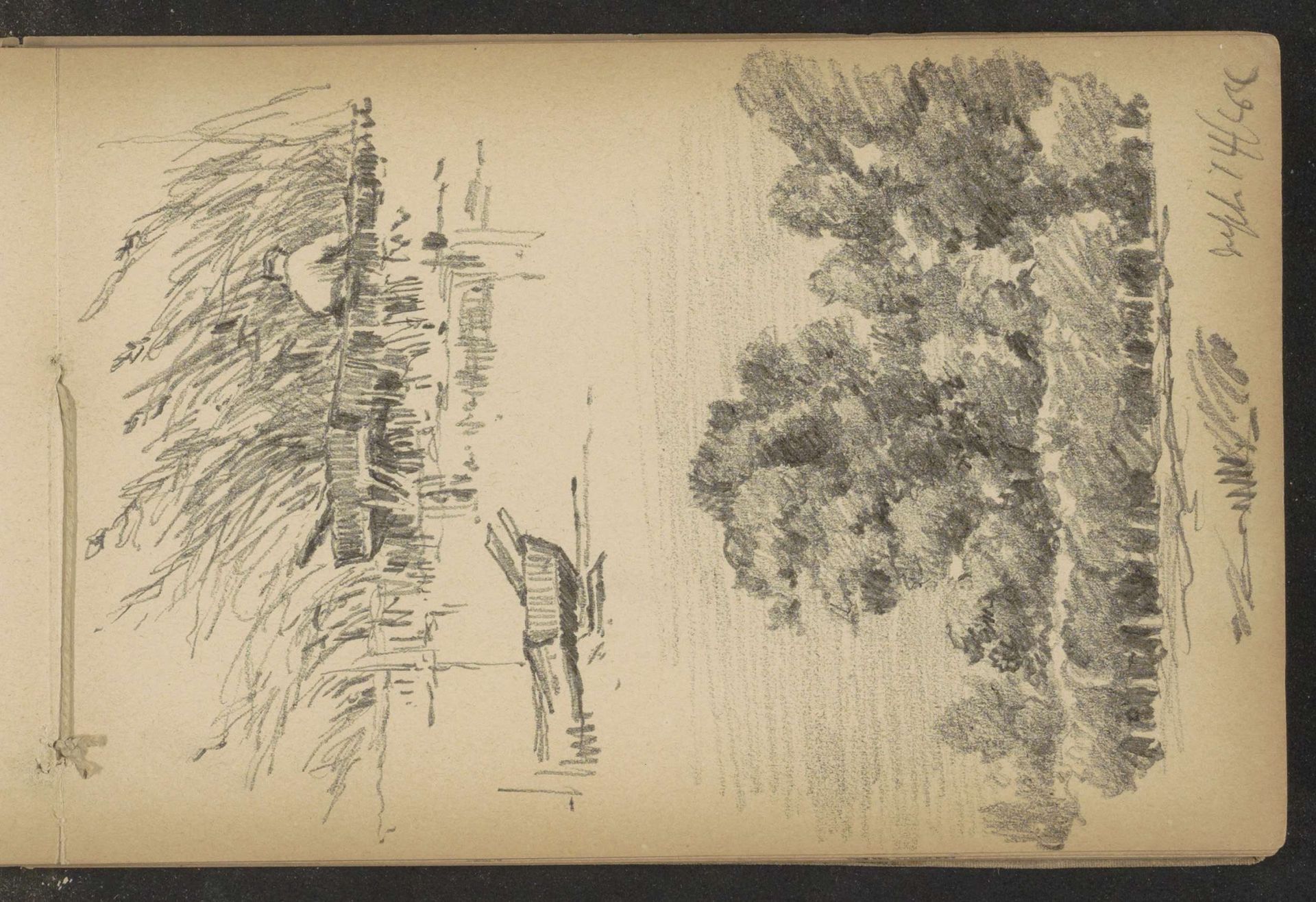 Zittende man aan een waterkant, een roeiboot en een landschap met bomen by Alexander Shilling
