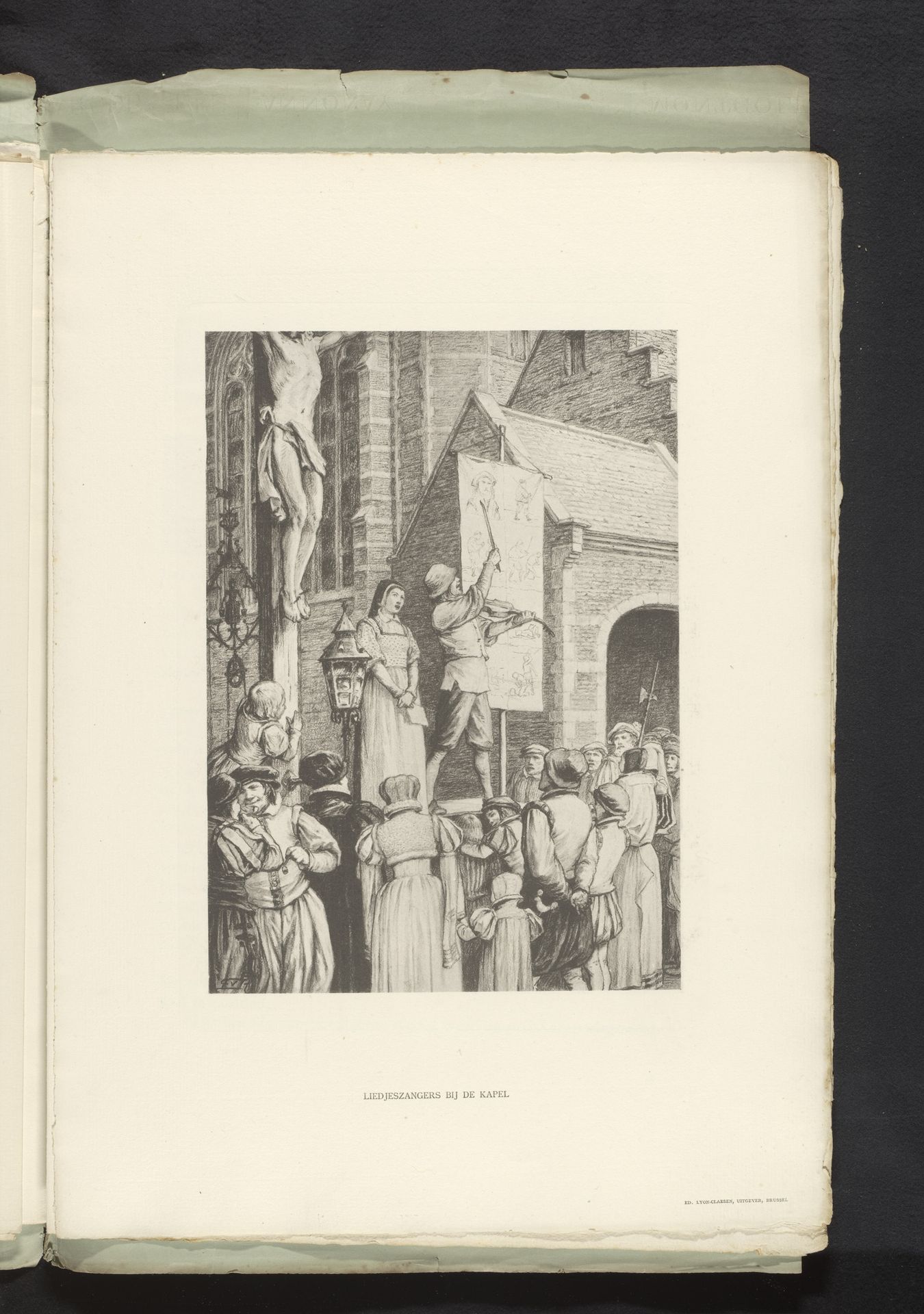 Reproductie van een tekening van twee muzikanten in Oud-Antwerpen op de Wereldtentoonstelling van 1894 in Antwerpen, door Frans van Kuyck by Anonymous