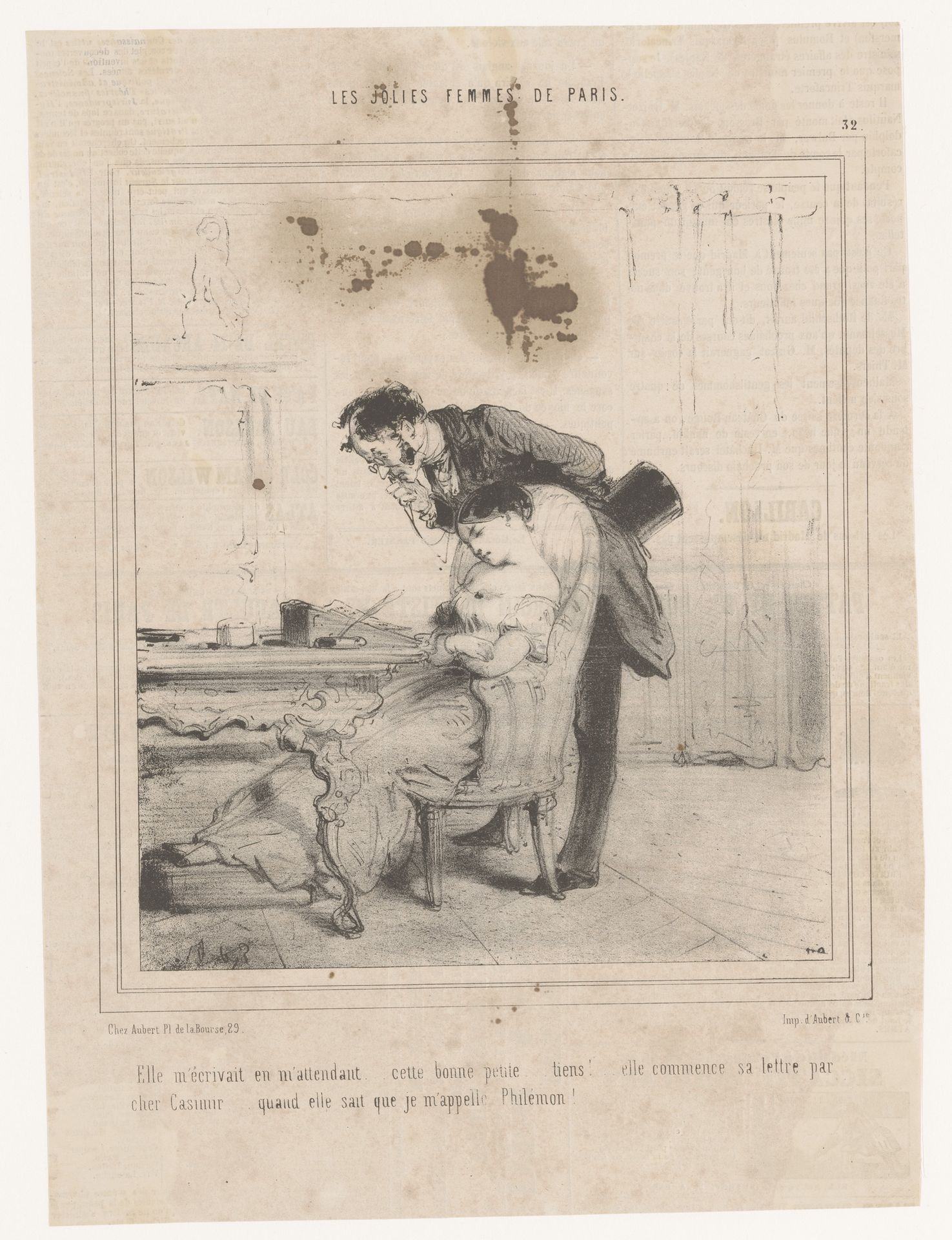 Man leest een brief over de schouder van zijn slapende vriendin by Edouard de Beaumont