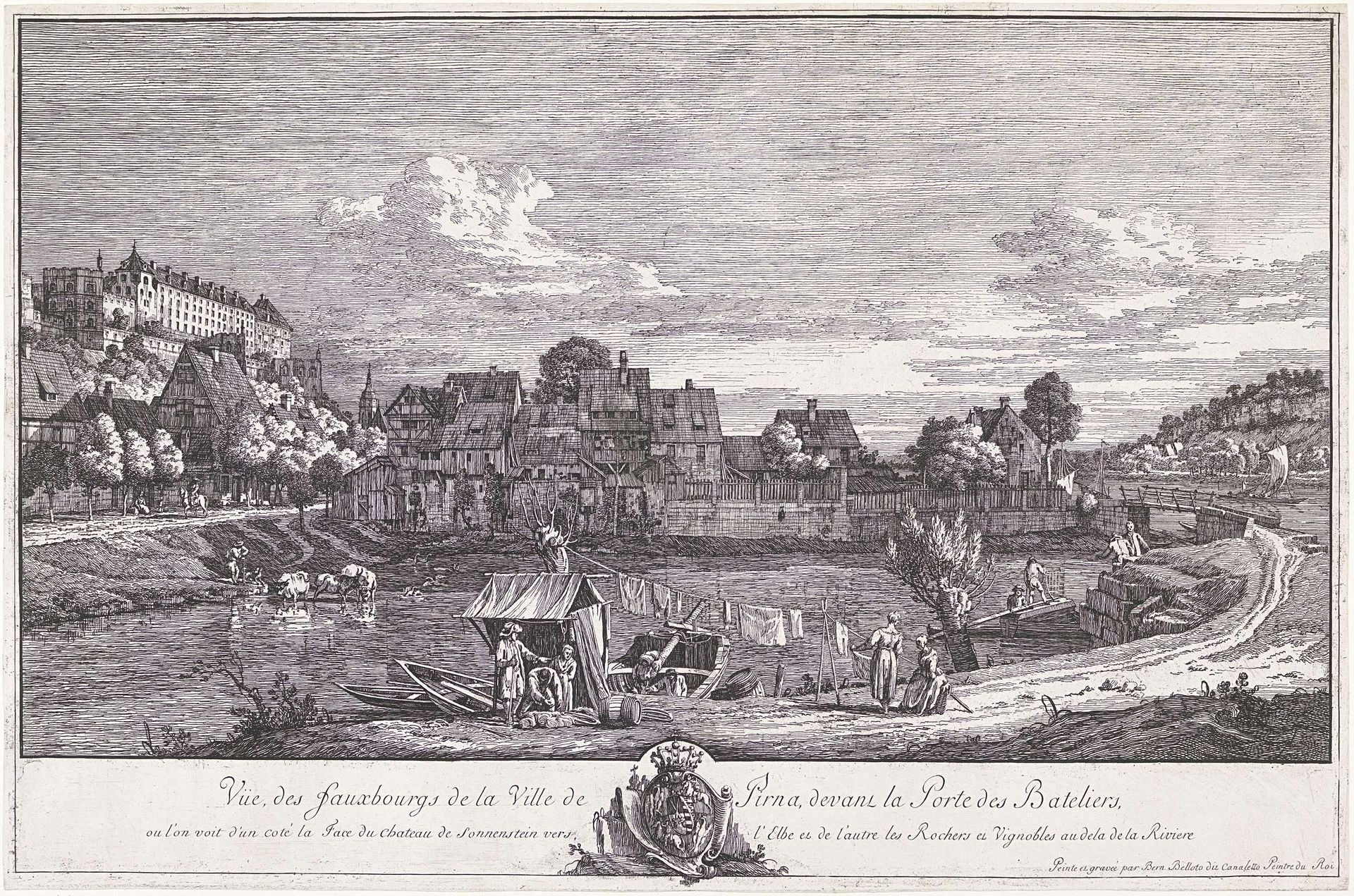 Gezicht op de buitenwijk van Pirna by Bernardo Bellotto