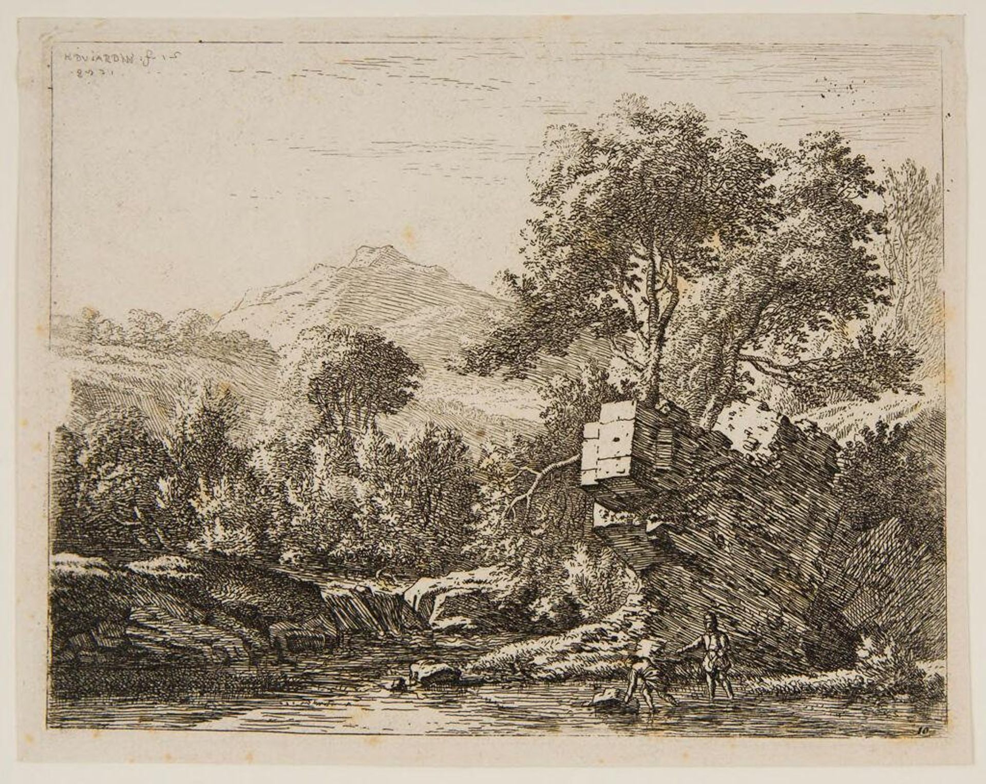 Landscape, with Two Men and a Stone in the Water by Karel Dujardin