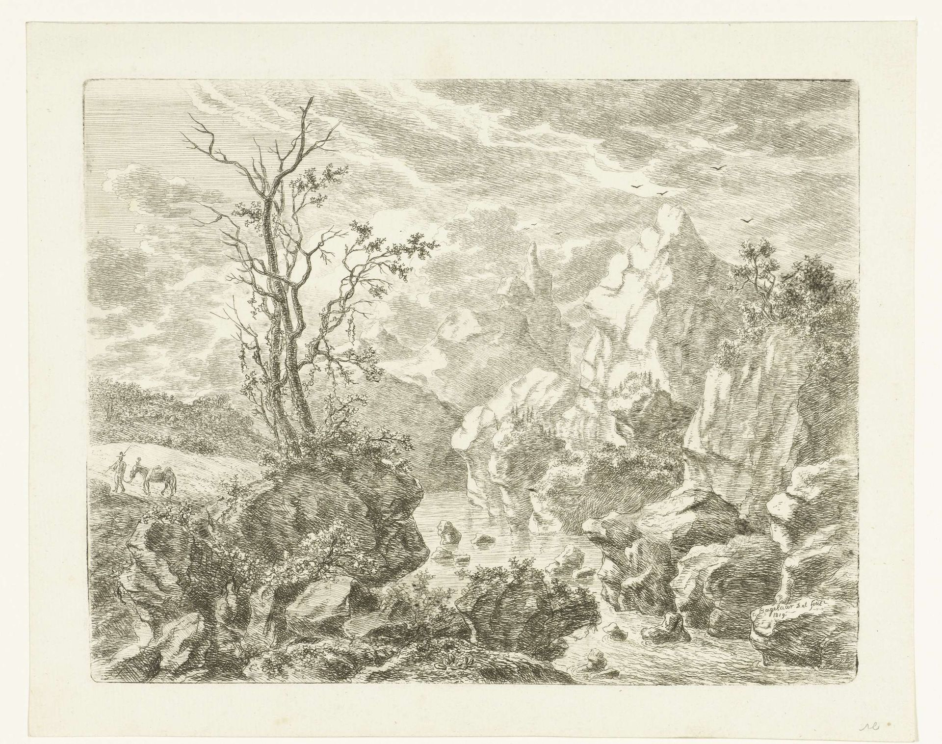Rotslandschap in Stiermarken, links een man met een muilezel by Ernst Willem Jan Bagelaar