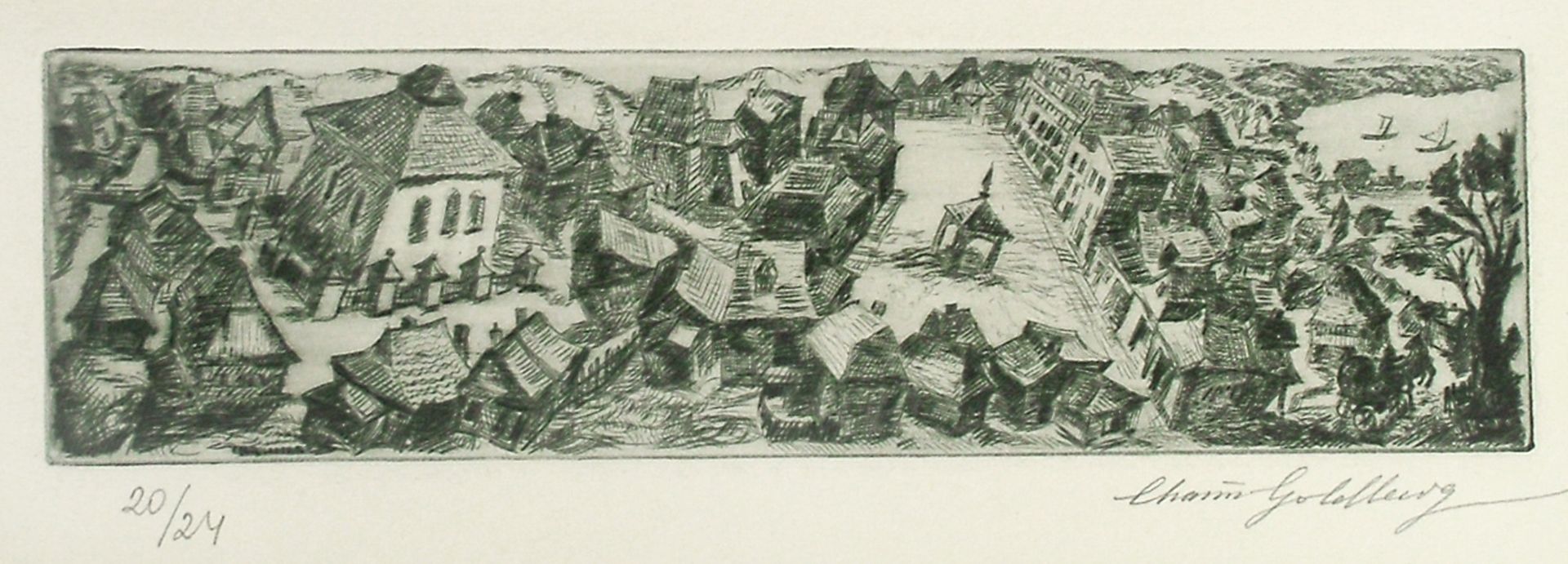 Les Petit Maisons (drypoint) by Chaim Goldberg
