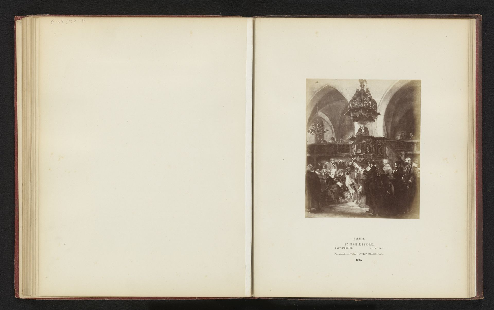 Fotoreproductie van een schilderij van een kerkinterieur tijdens een dienst door Adolph Menzel by Gustav Schauer