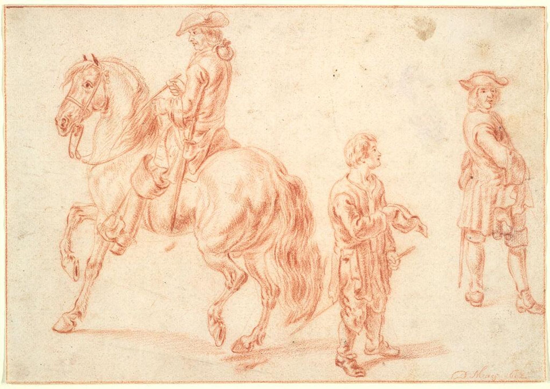 Studies of a Cavalry Officer on Horseback, A Beggar Boy, and a Standing Cavalry Man; verso: Head of a Horse by Dirk Maas
