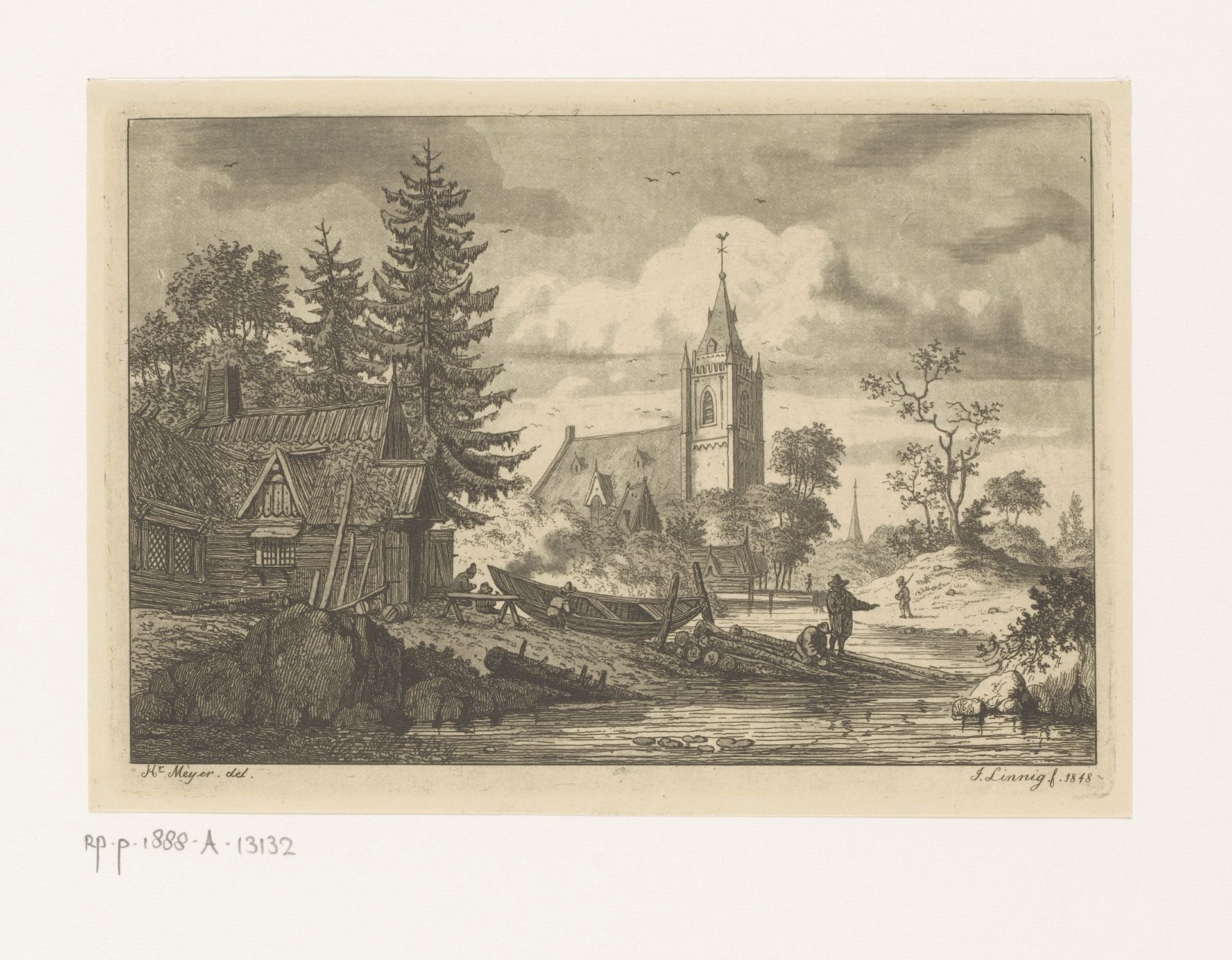 Scheepstimmerwerf met een kerk op de achtergrond by Jean Théodore Joseph Linnig