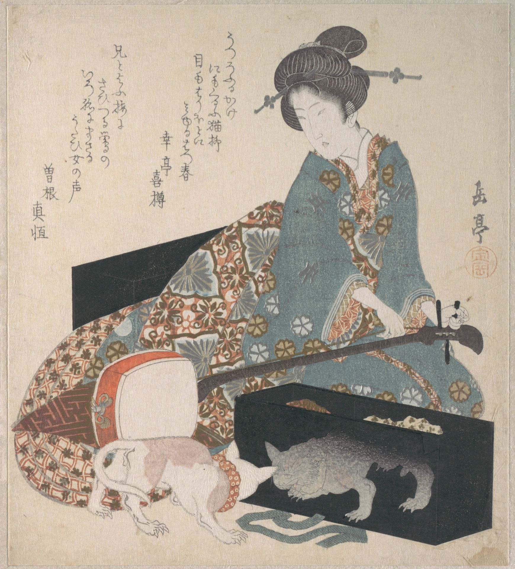 Woman Tuning a Shamisen and a Cat Looking at its Own Reflection by Yashima Gakutei 屋島岳亭