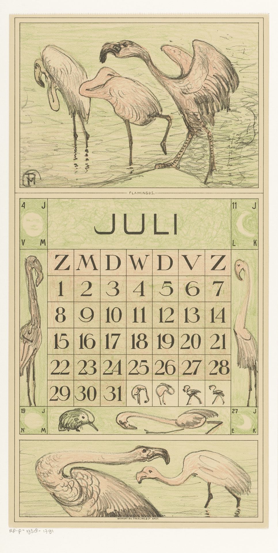 Kalenderblad juli met flamingo's by Theo van Hoytema