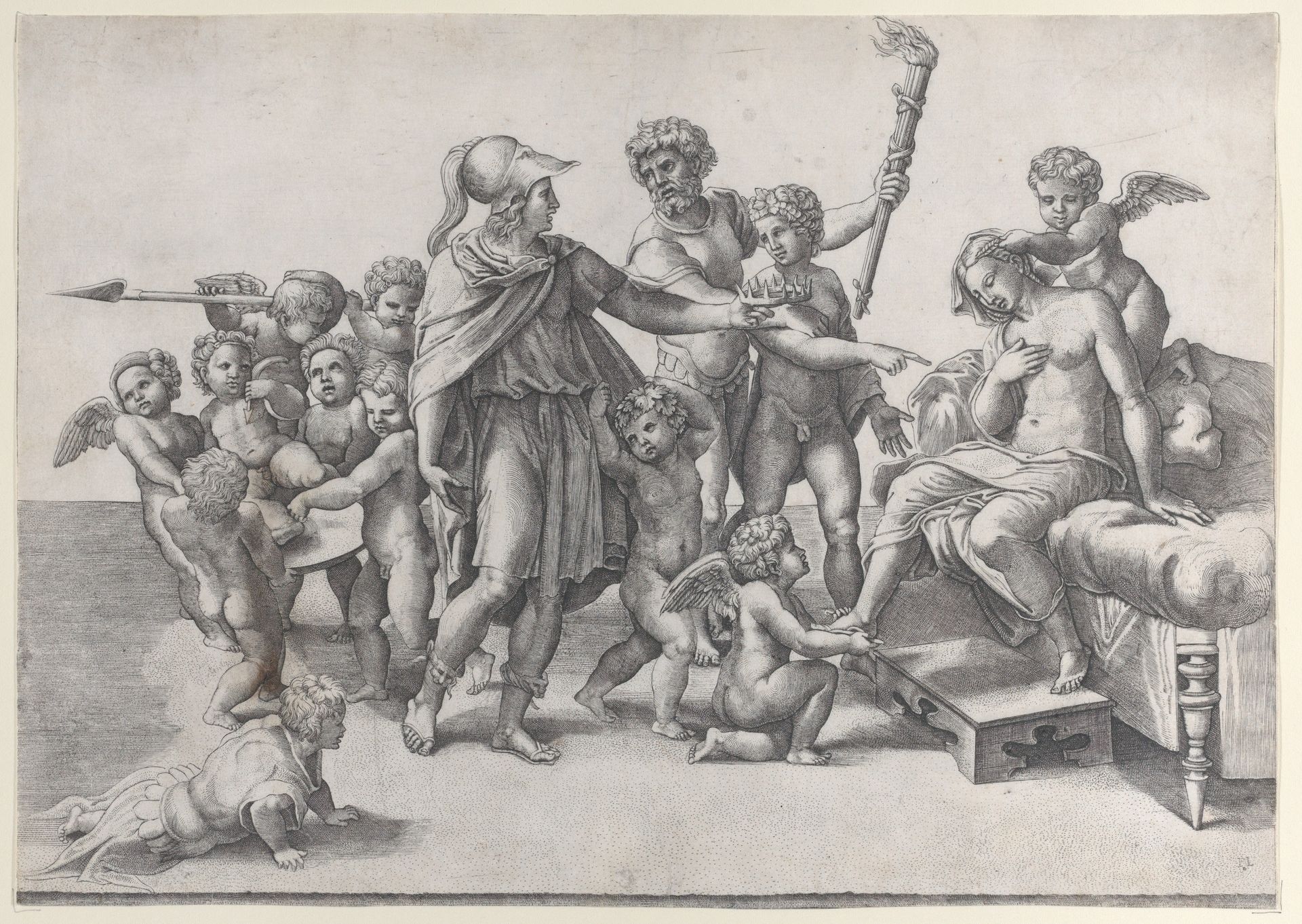 The marriage of Alexander and Roxana; Alexander surrounded by putti, offering a crown to Roxana who is seated at right by Giovanni Jacopo Caraglio