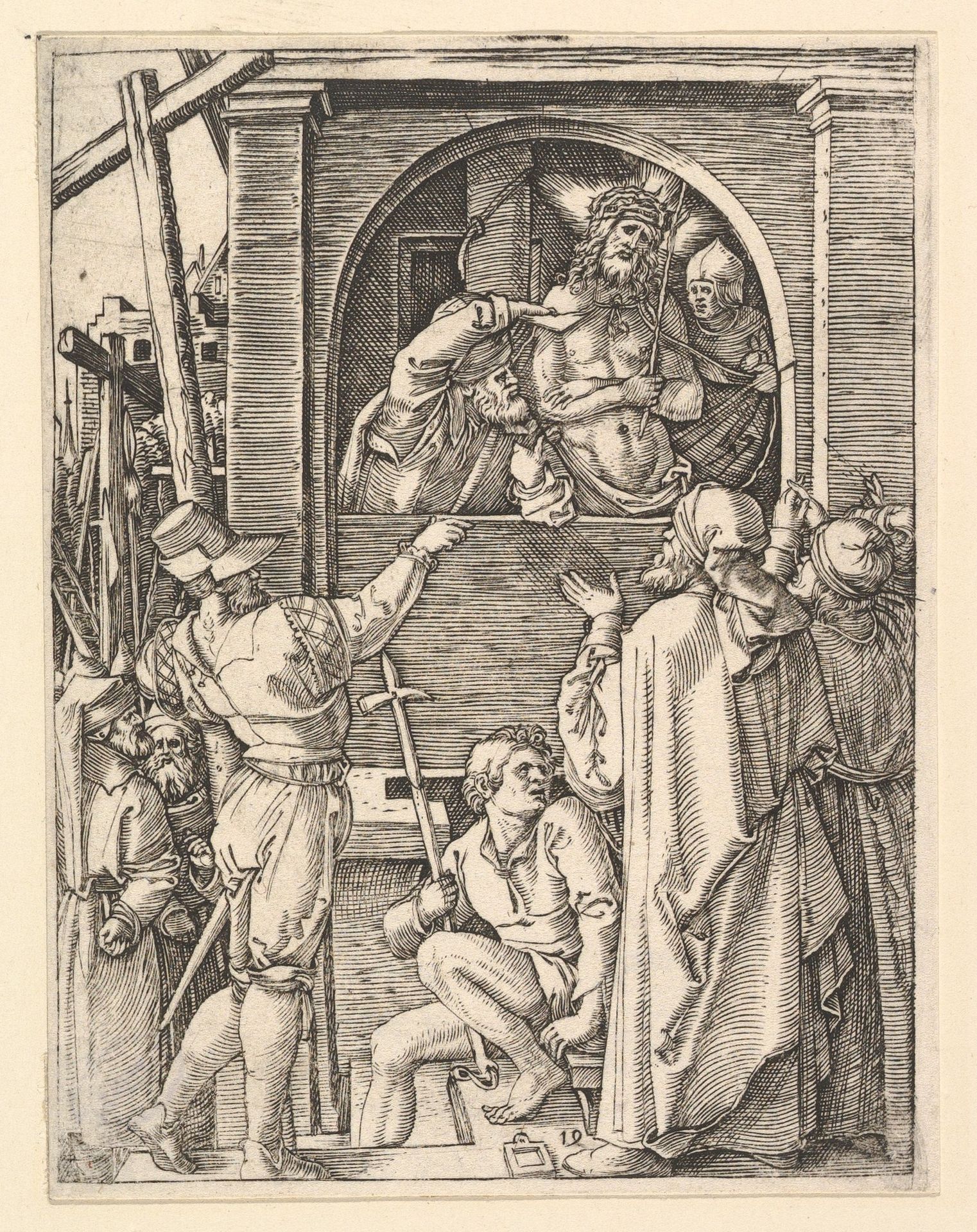 Ecce Homo: Christ wearing the crown of thorns standing in a loggia presented to a crowd, after Dürer by Marcantonio Raimondi