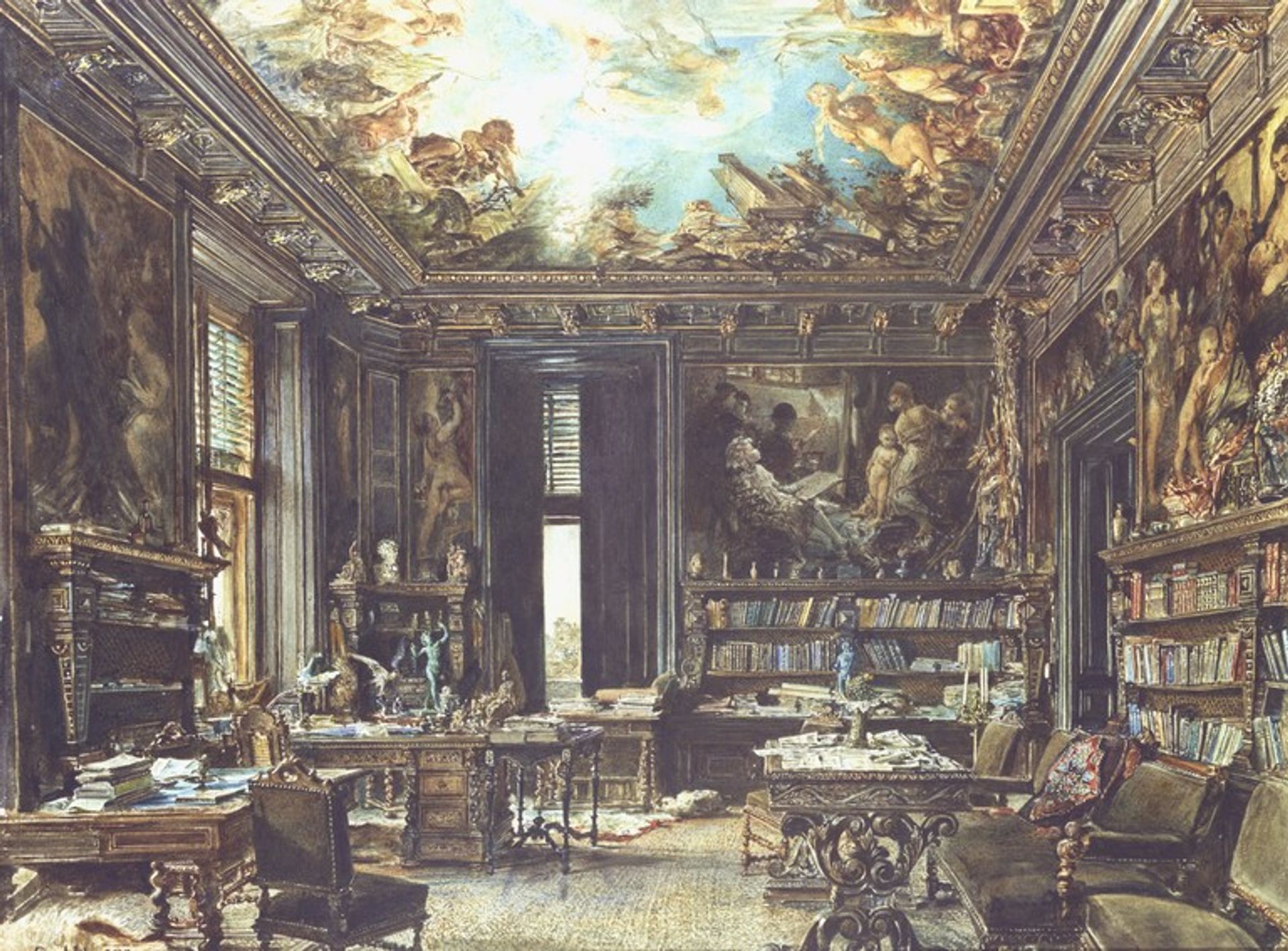 The library in the Palais Dumba - Rudolf von Alt | Artera