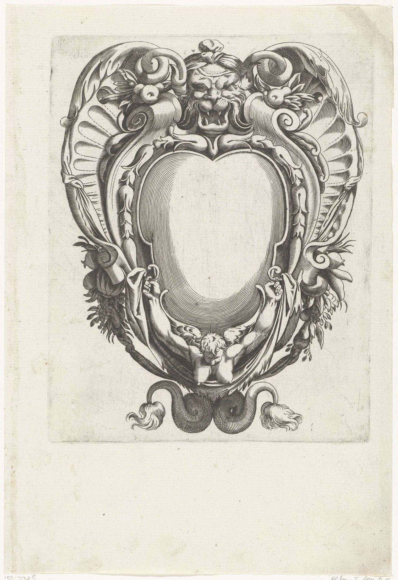 Cartouche met gevleugeld mascaron bovenaan by H. Picart