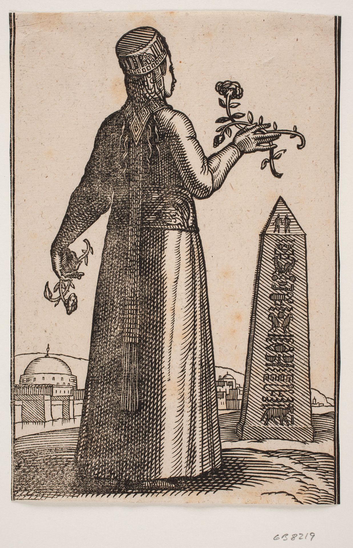Utilsløret kvinde set bagfra; i hver hånd holder hun en blomstrende rosengren by Melchior Lorck