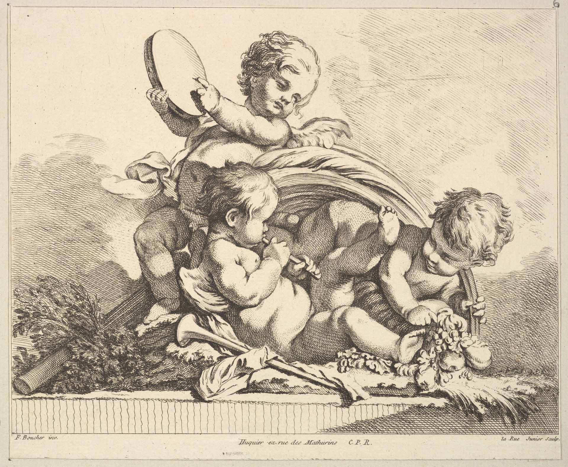 Three Cupids, Two Playing Music, One Holding Palm Leaves by Louis Félix de La Rue