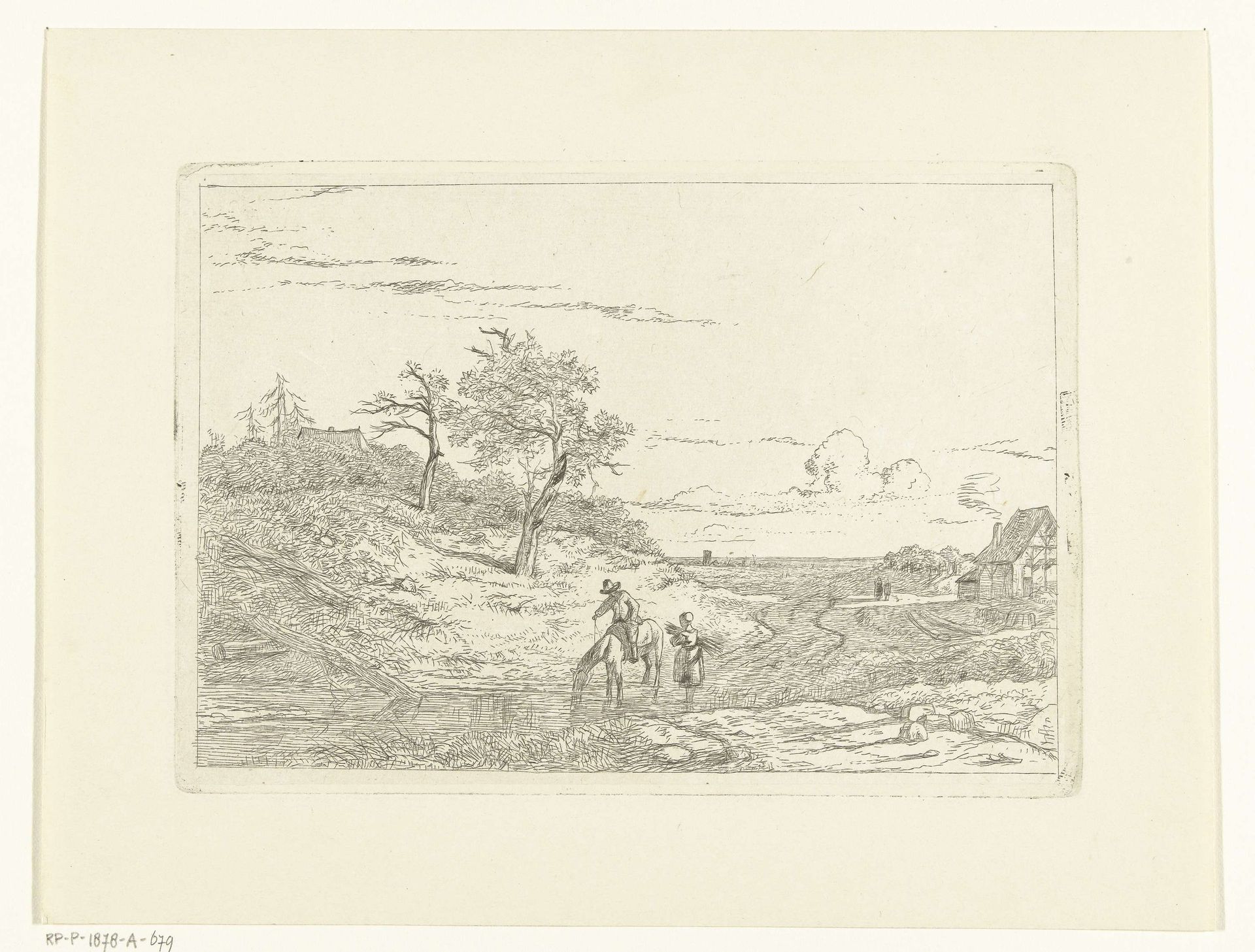 Landschap met ruiter die paard laat drinken en meisje met takkebos by Albertus Brondgeest