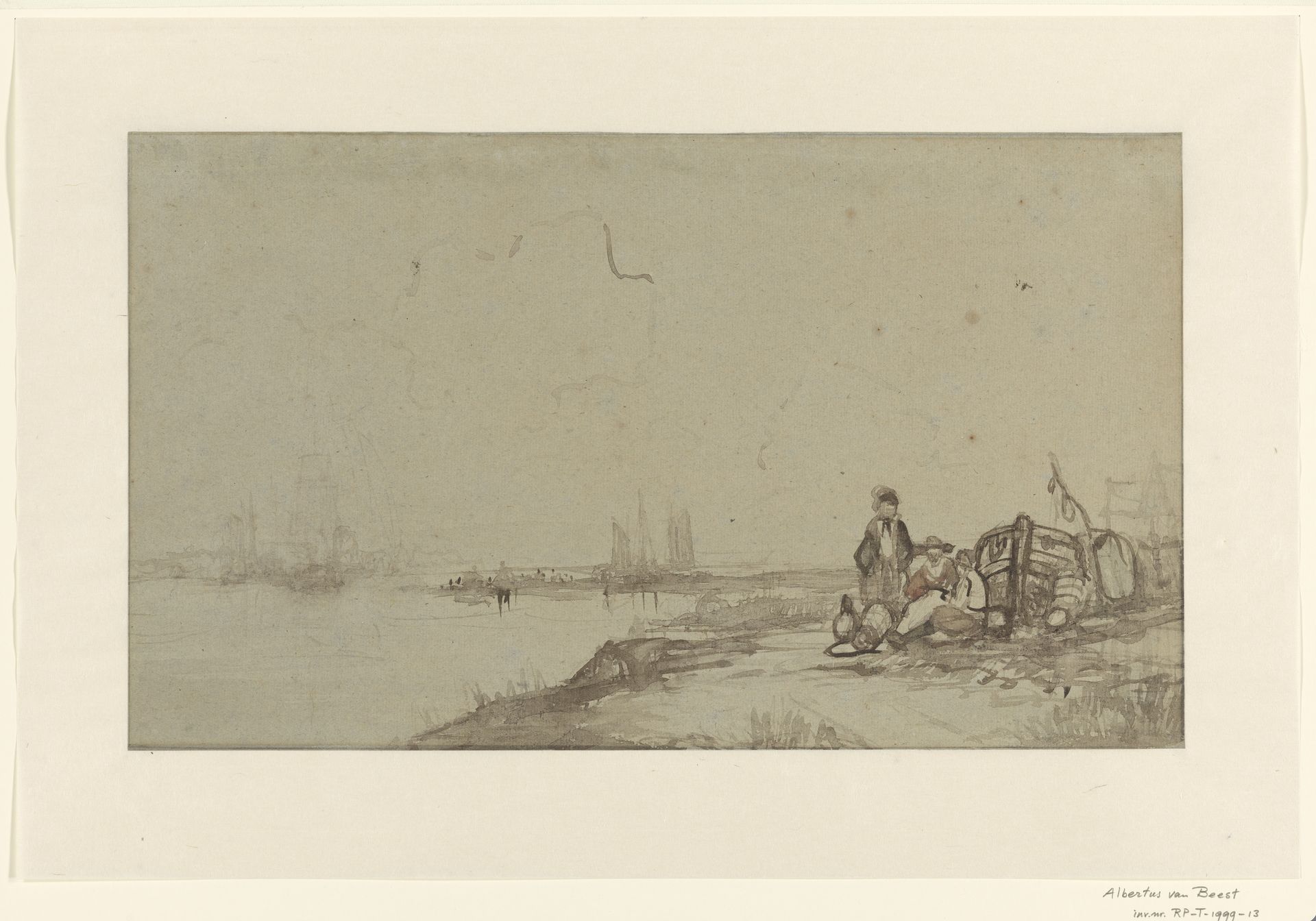 Figuren in gesprek aan de oever van een bevaren rivier by Albertus van Beest