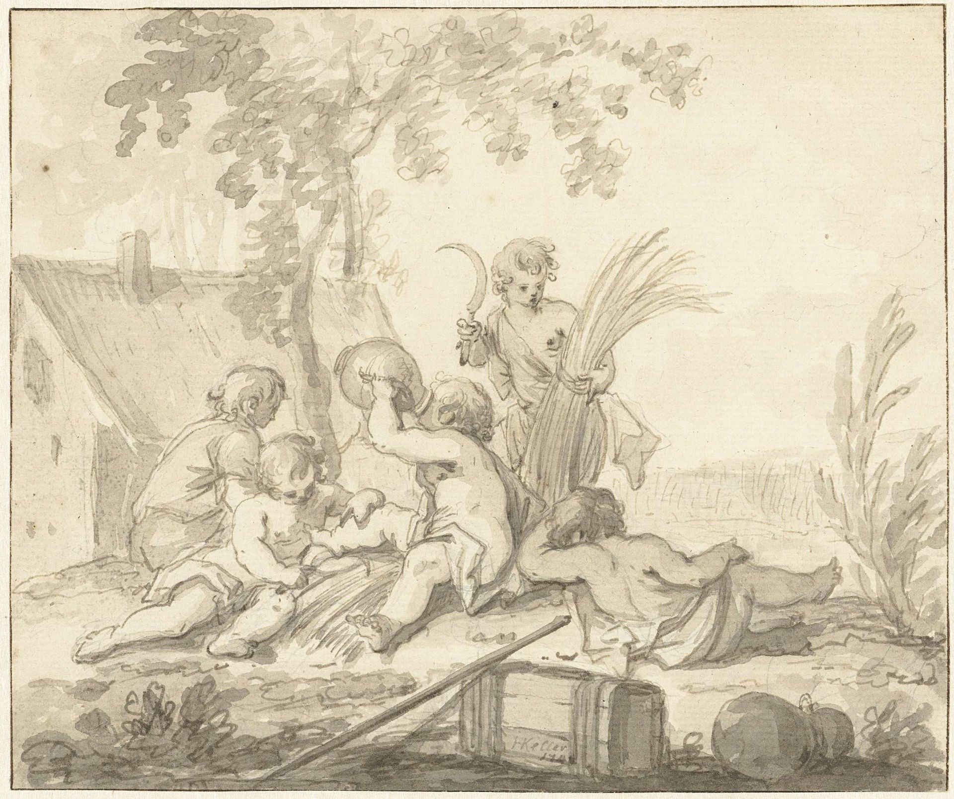 Allegorische voorstelling met kinderen en attributen van de Landbouw by Johann Heinrich Keller
