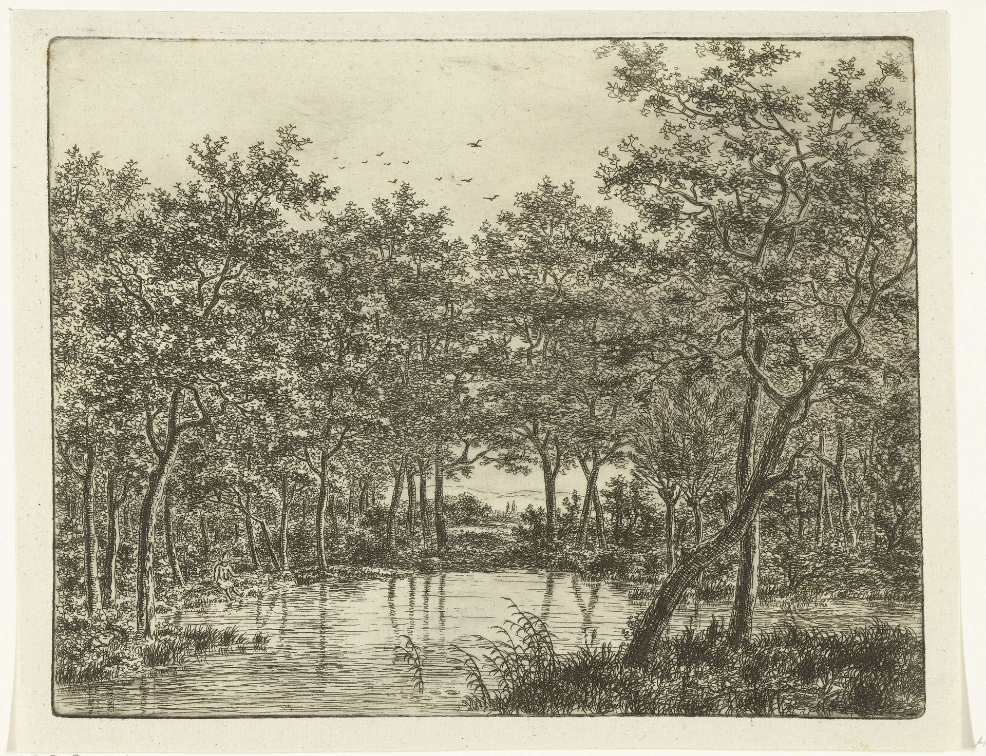 Landschap met vijver, links zit een visser met een puntige hoed by Ernst Willem Jan Bagelaar