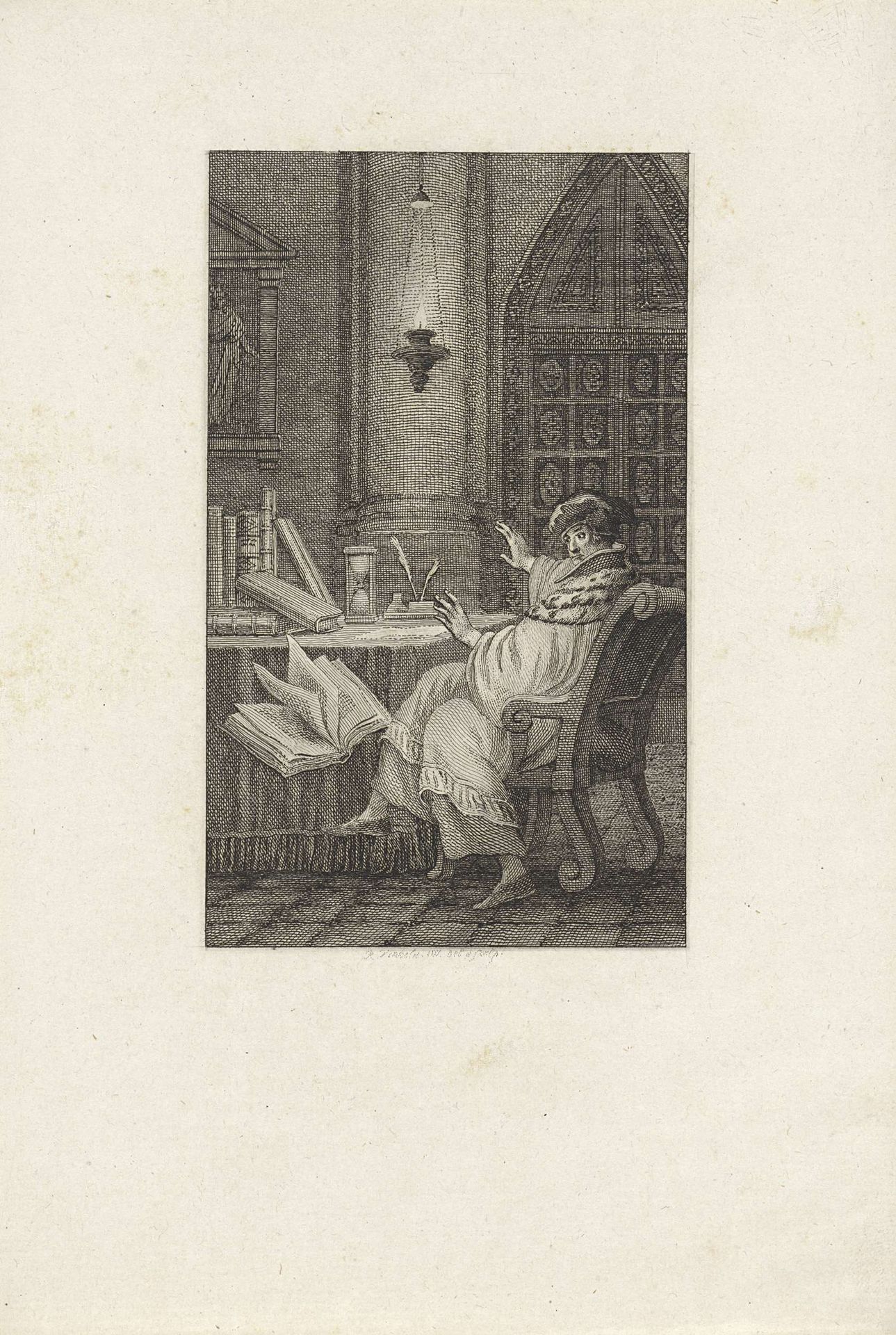 Thomas Linacre gooit het Nieuwe Testament vol verbazing op de grond by Reinier Vinkeles
