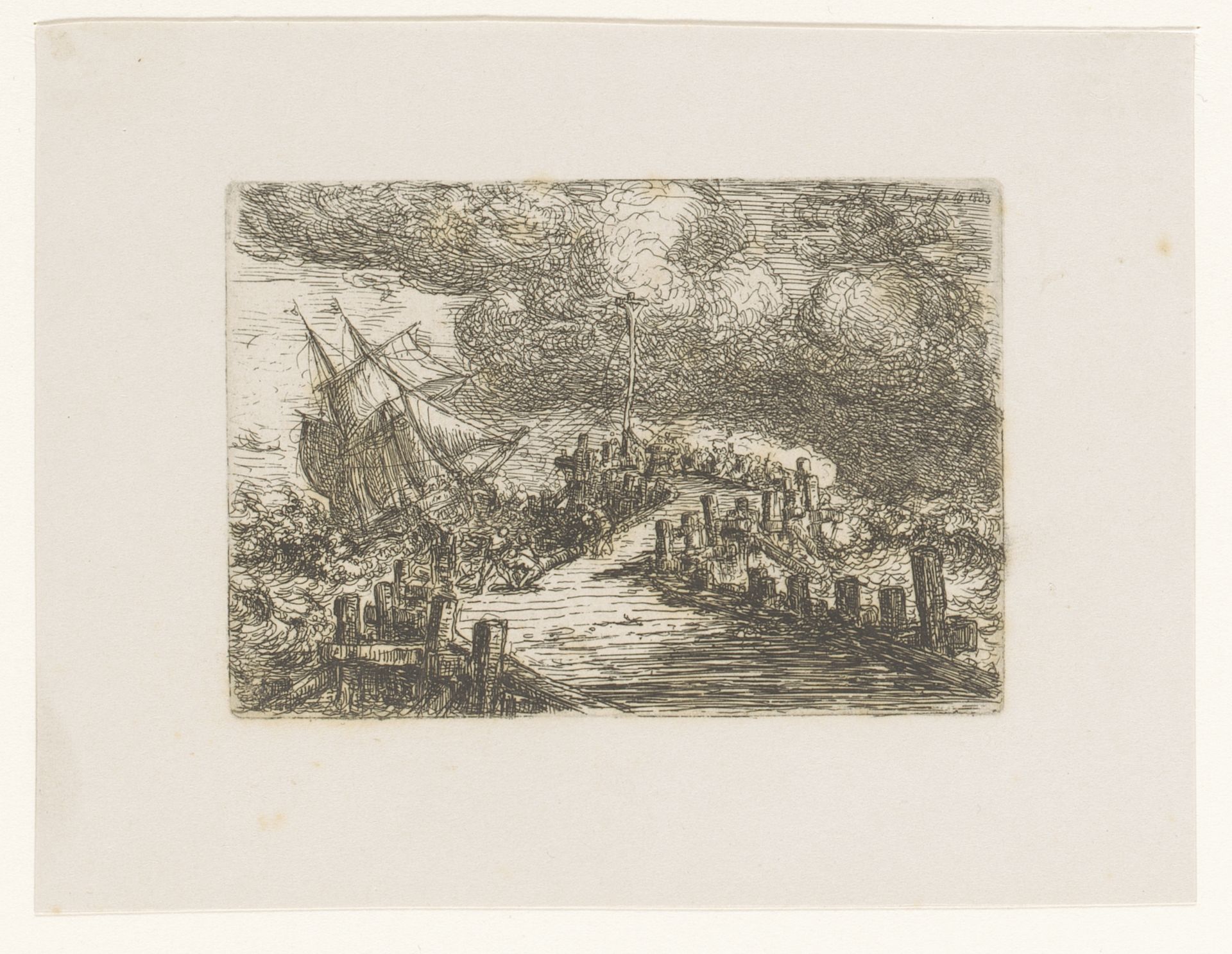 Schip in nood wordt geholpen vanaf een steiger by Henri François Schaefels