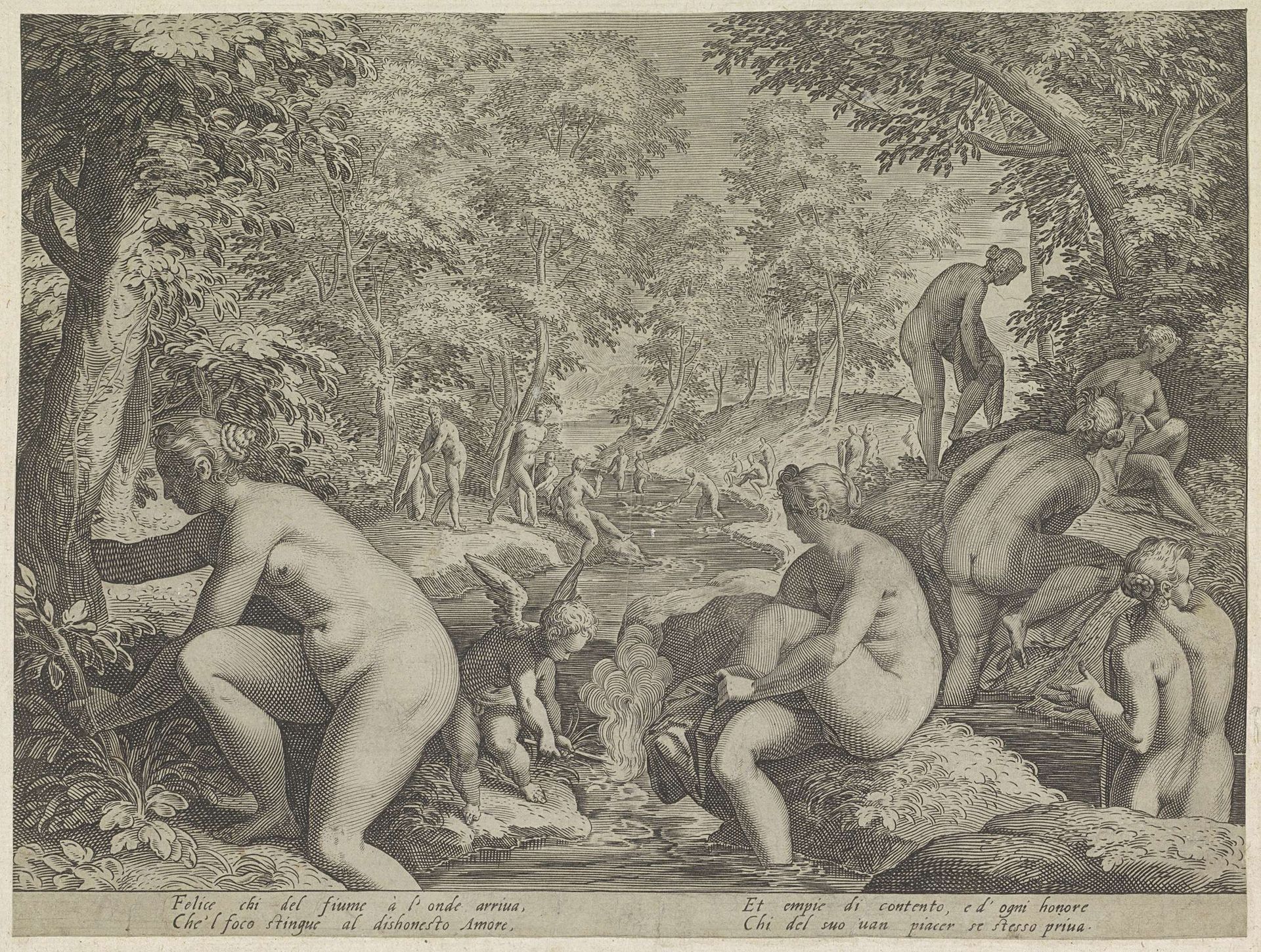 Badende vrouwen en mannen by Justus Sadeler