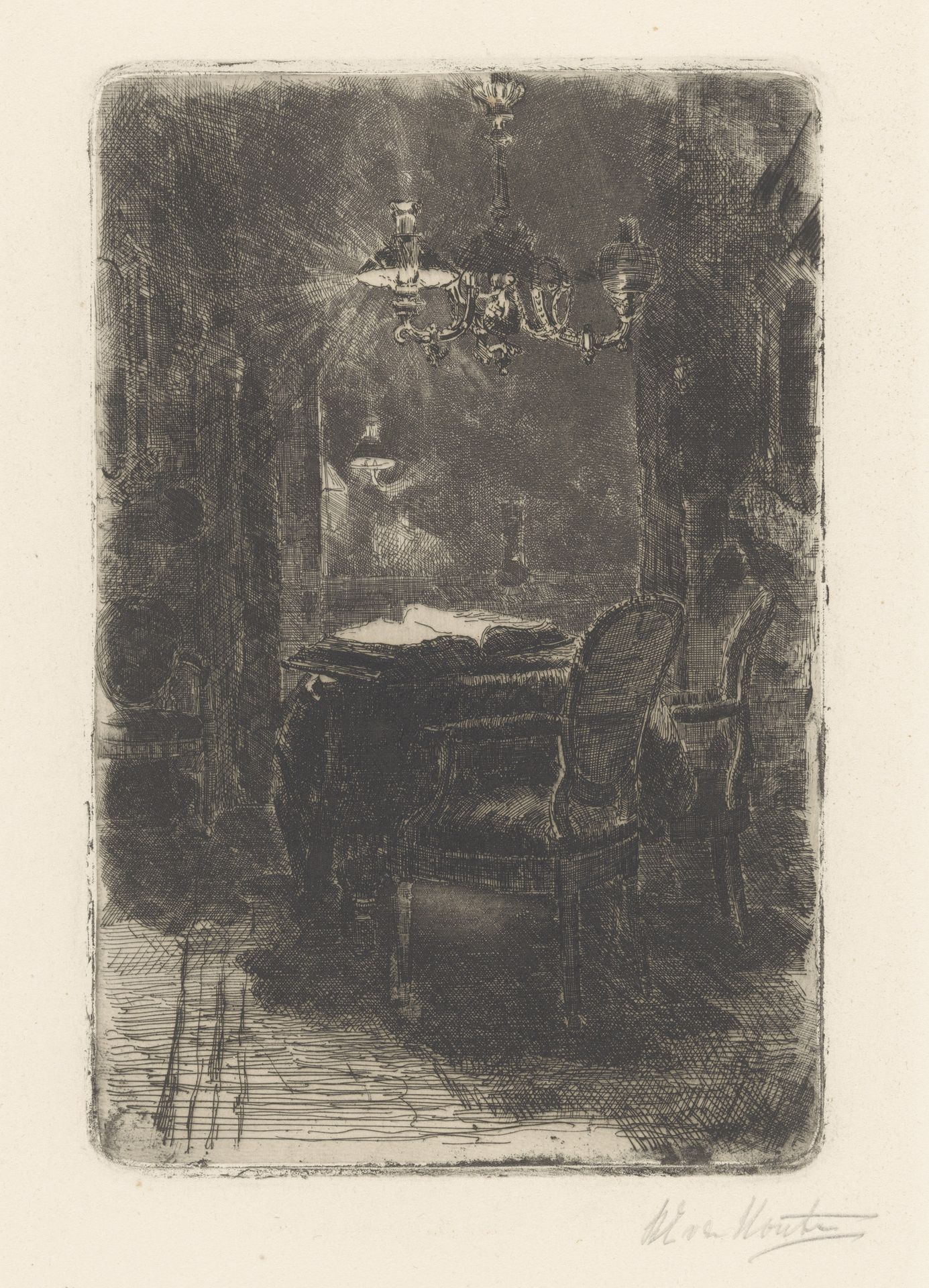 Interieur met spiegel en tafel met opengeslagen boek by Barbara Elisabeth van Houten