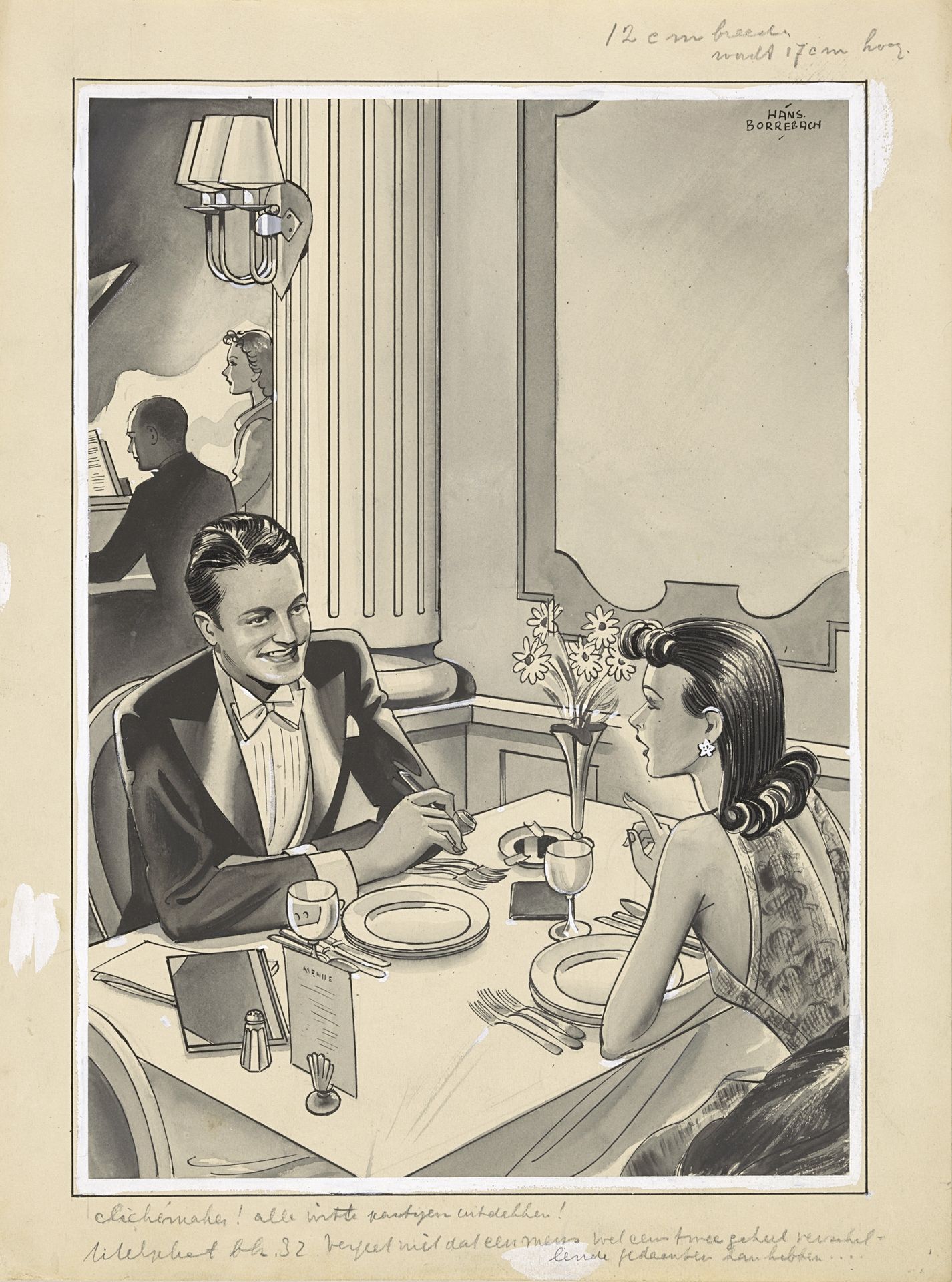 Man en vrouw aan tafel in een restaurant by Hans Borrebach
