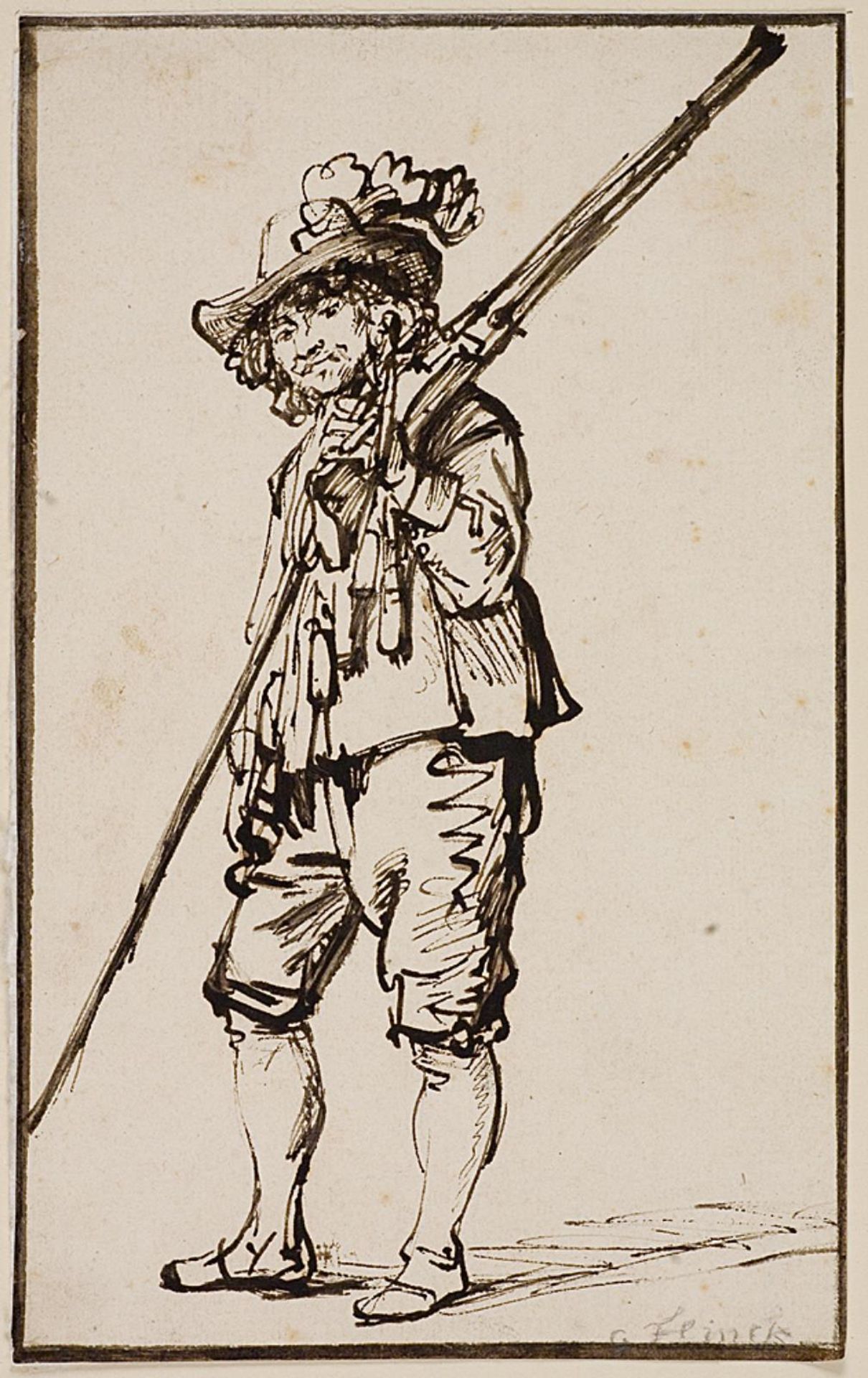 En stående soldat med en musket over skulderen by Govert Flinck