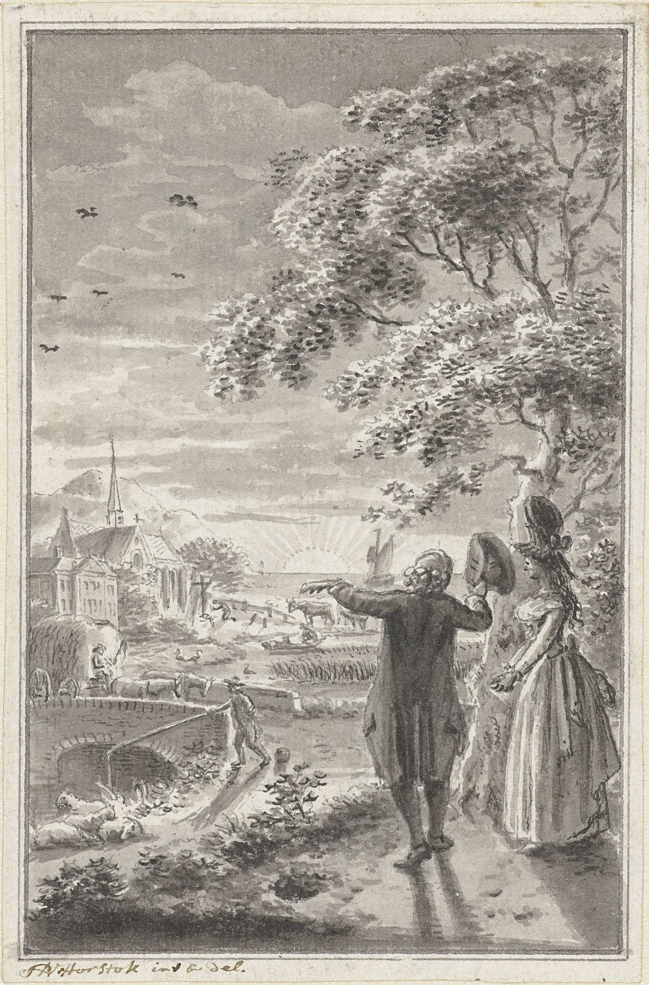 Man en vrouw in landschap met zonsondergang by Johannes Petrus van Horstok