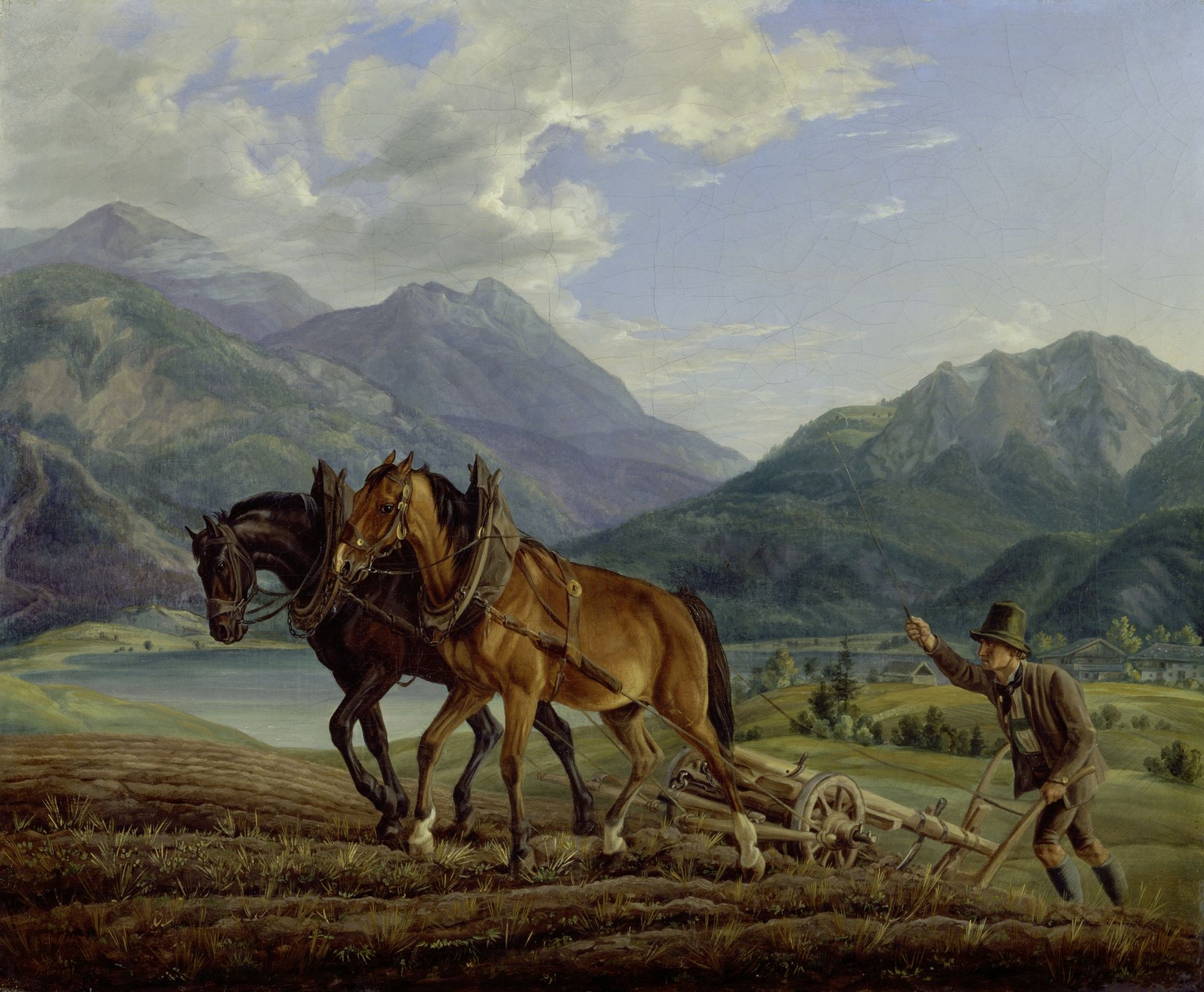 Mountain landscape with plowing farmers by Albrecht Adam