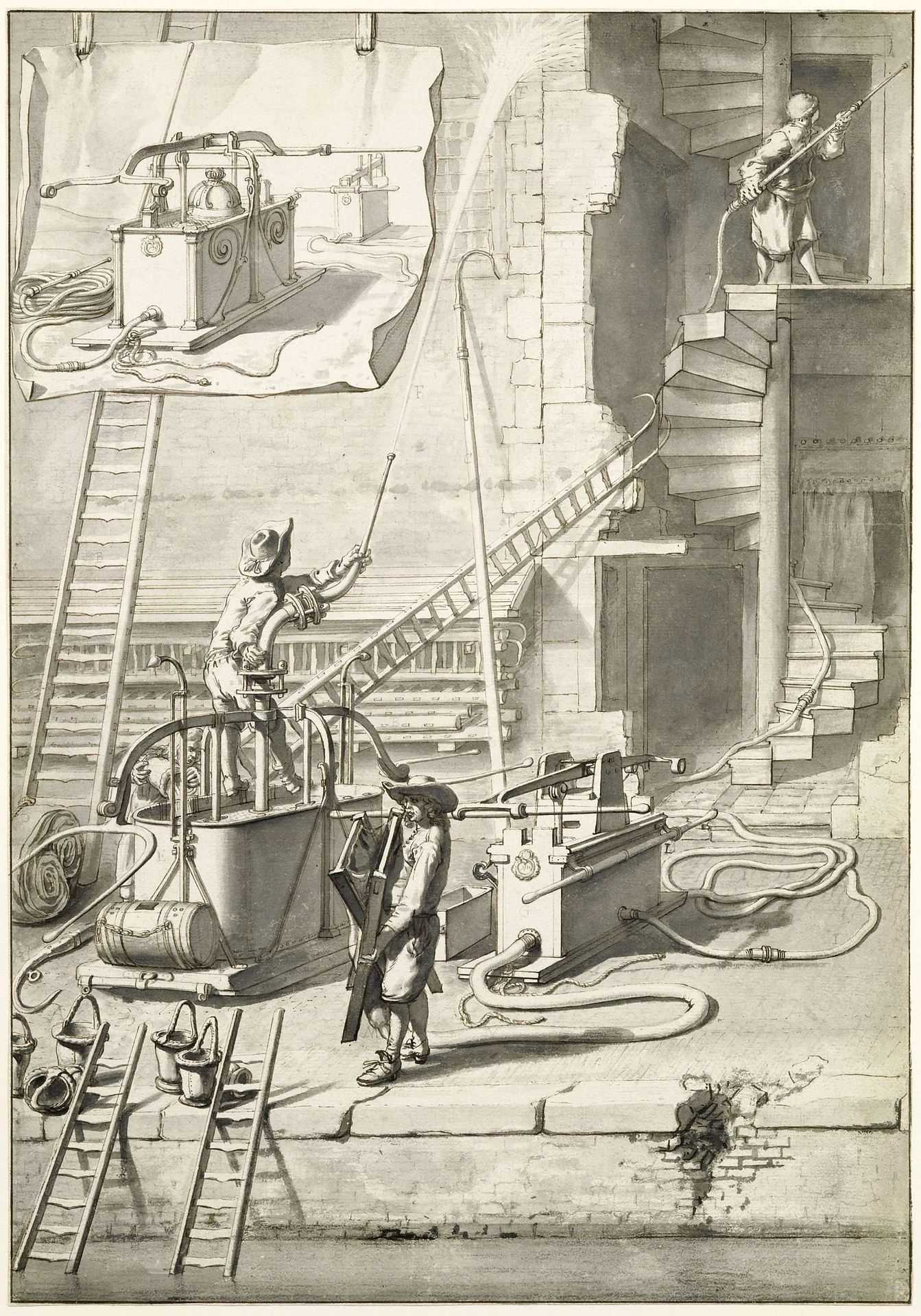 Vergelijking van de oude brandspuiten met Van der Heydens slangenbrandspuit by Jan van der Heyden