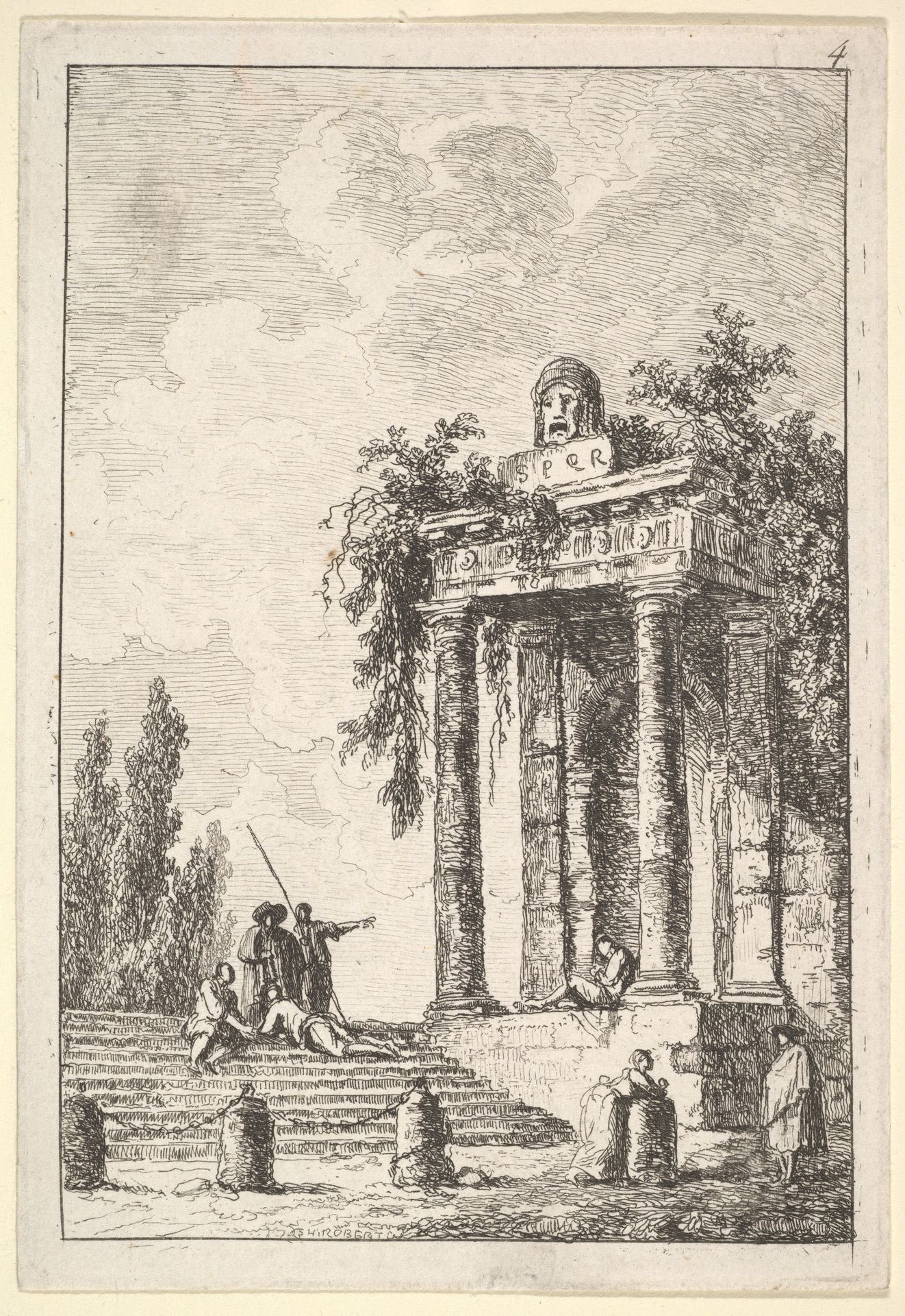 Plate 4: remains of a classical monument to right surmounted by a mask and tablet, a figure sitting on the porch, four figures on a staircase to left, four milestones below, from "Les soirées de Rome" by Hubert Robert