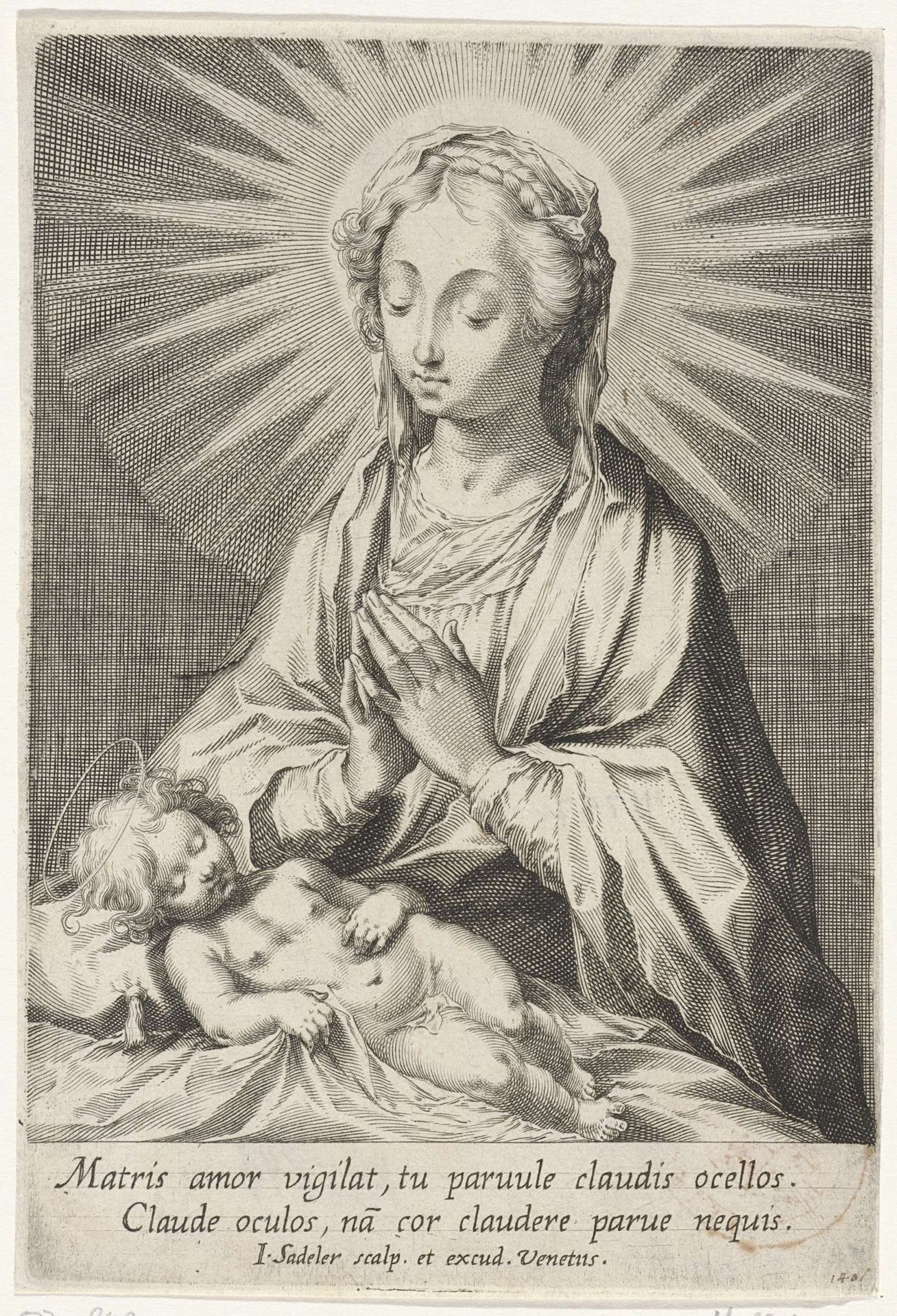 Maria aanbidt het slapende Christuskind by Johann Sadeler I