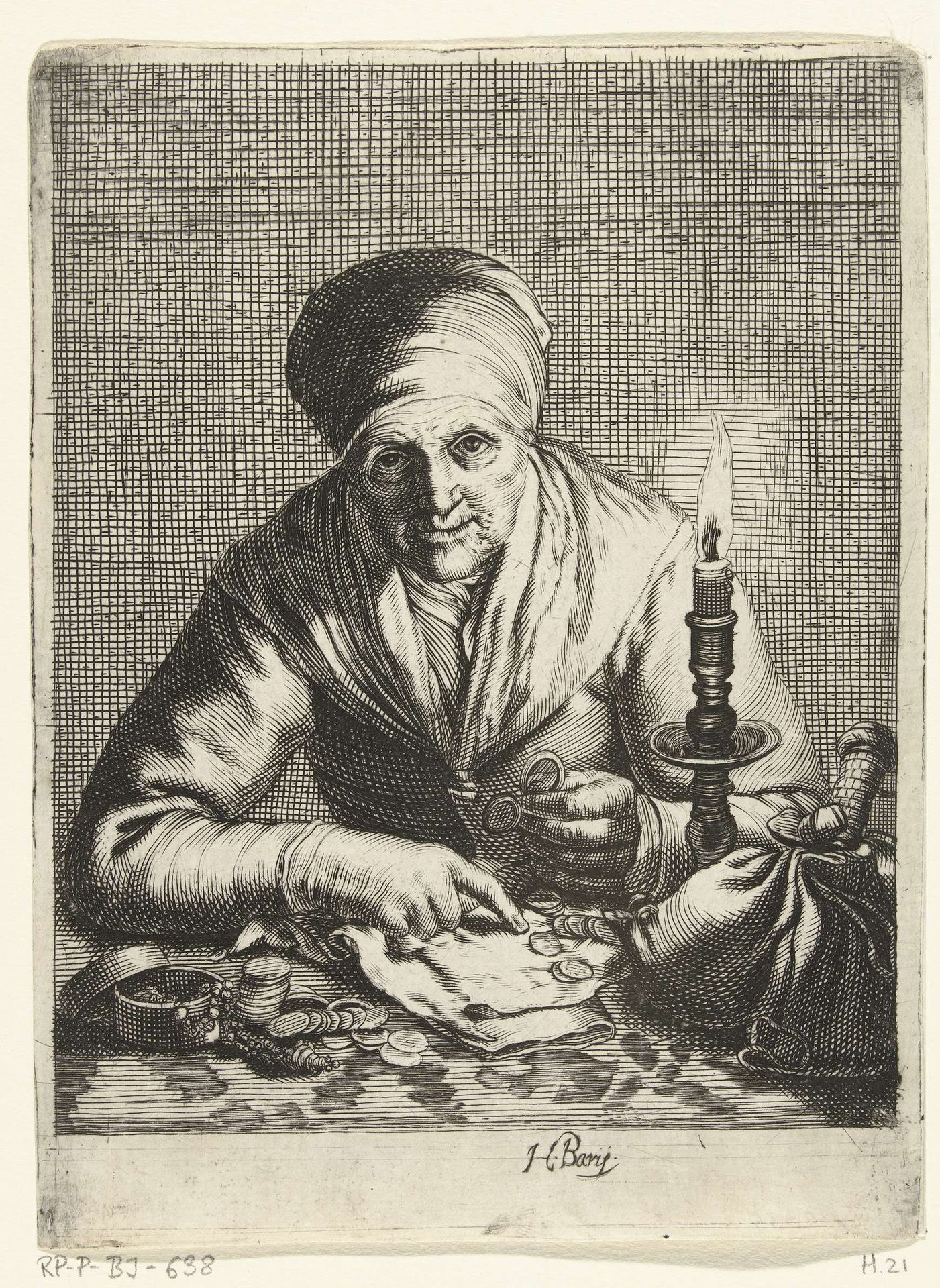 Oude vrouw die munten telt by Hendrik Bary