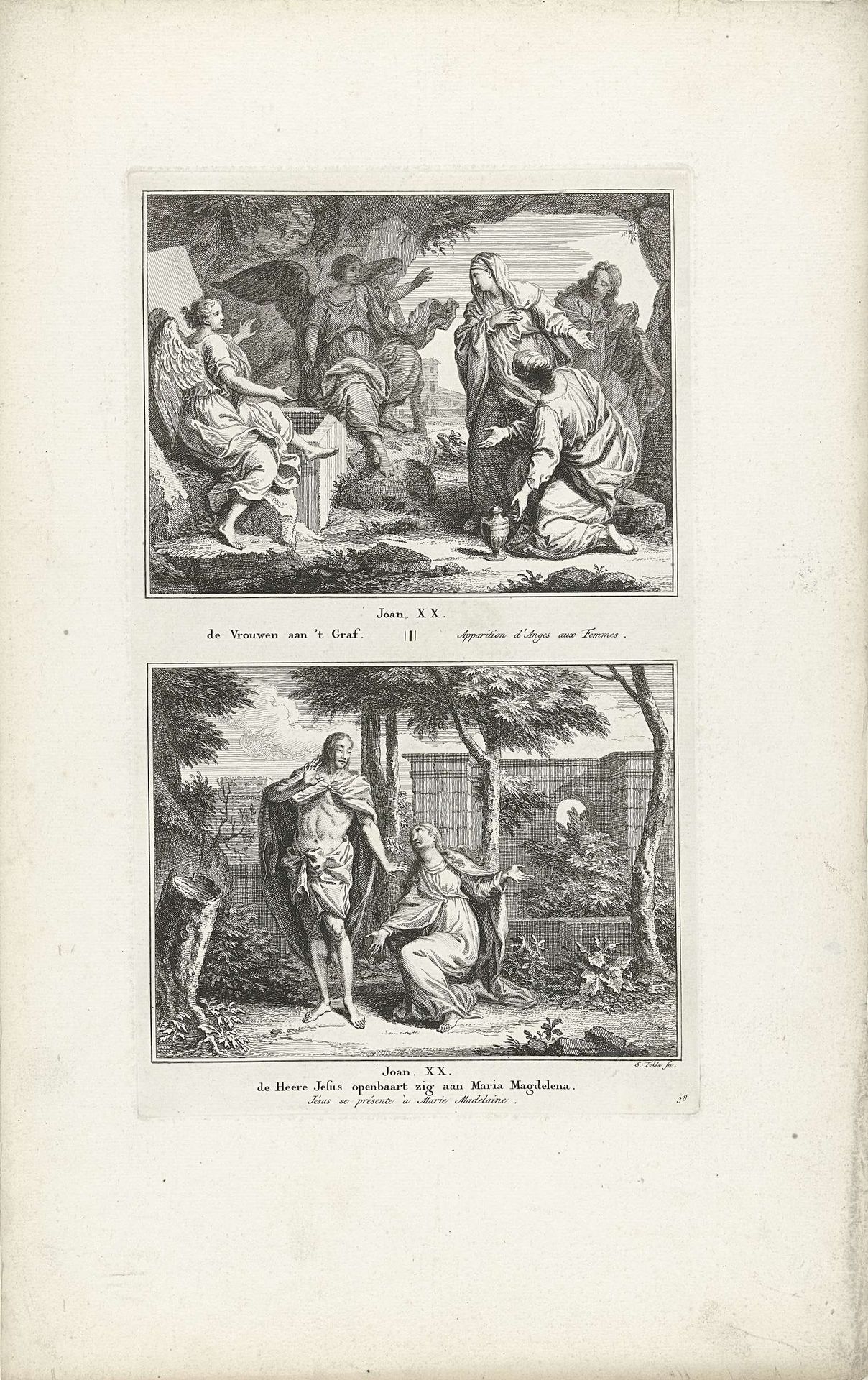 Heilige vrouwen en engelen bij het lege graf en
Christus verschijnt aan Maria Magdalena by Simon Fokke