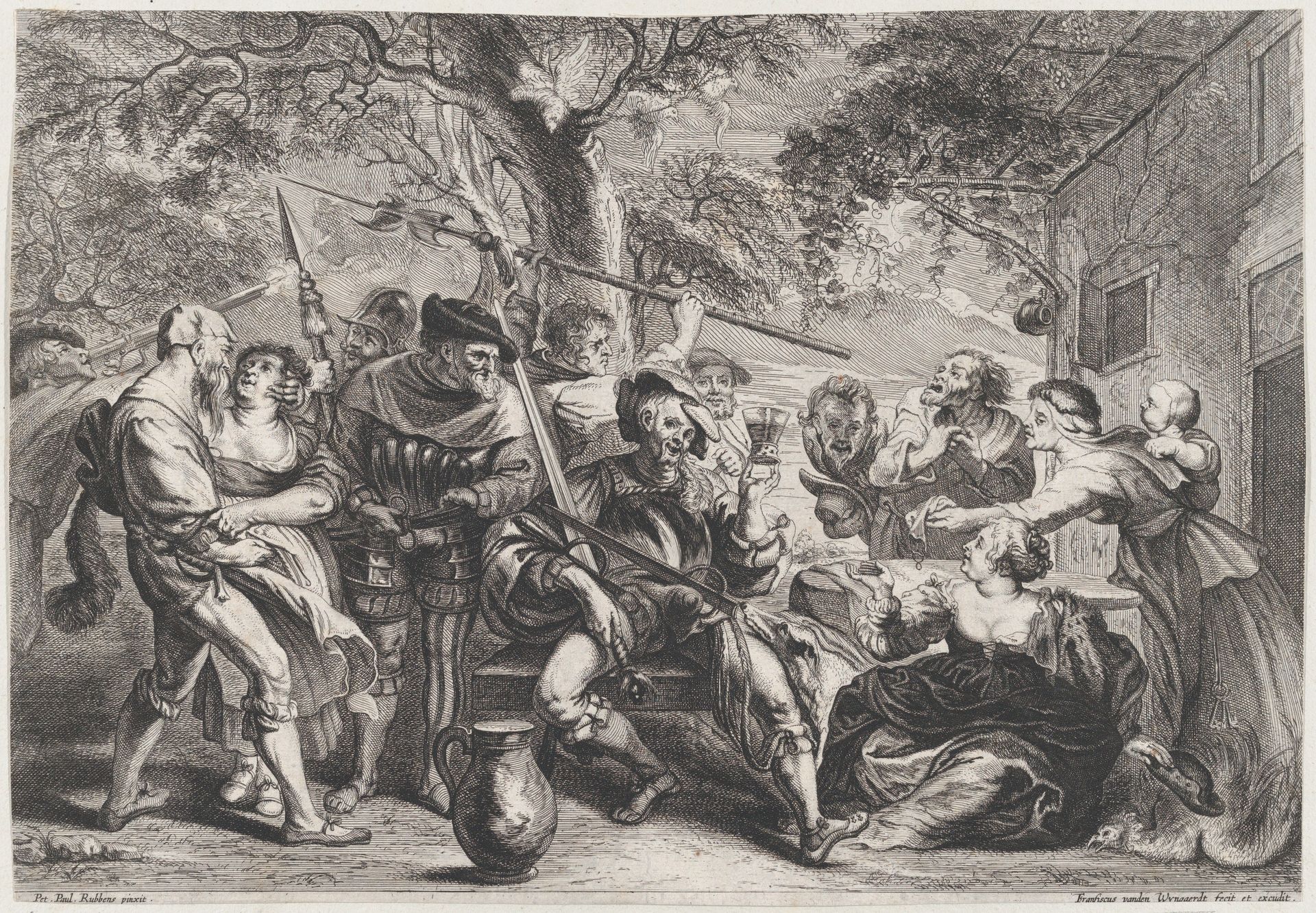 Soldiers and peasants, sitting and fighting near a table by Frans van den Wyngaerde