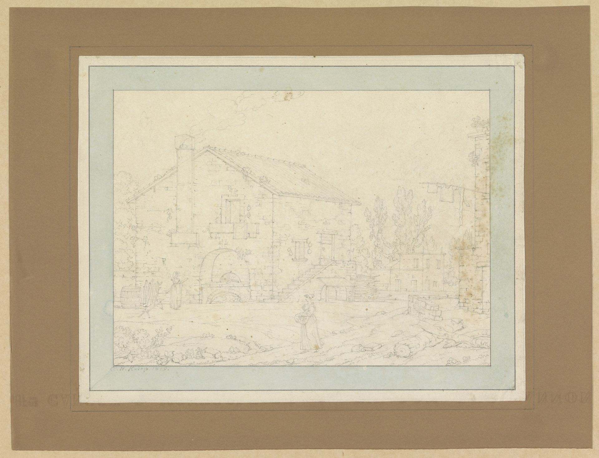 Landhuis en erf met twee vrouwen by Christoph Heinrich Kniep