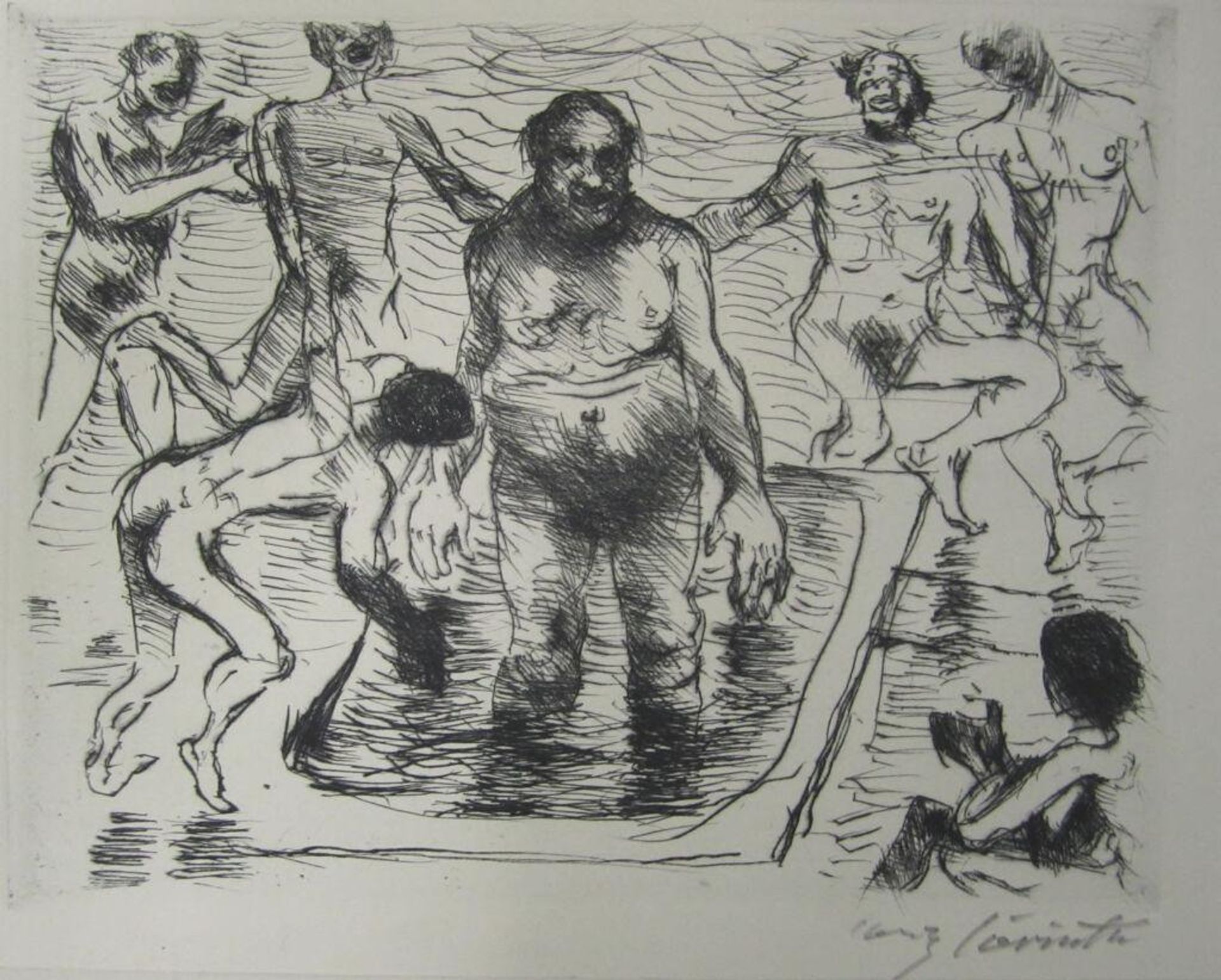 Trimalchio standing knee deep in a water basin surrounded by figures by Lovis Corinth