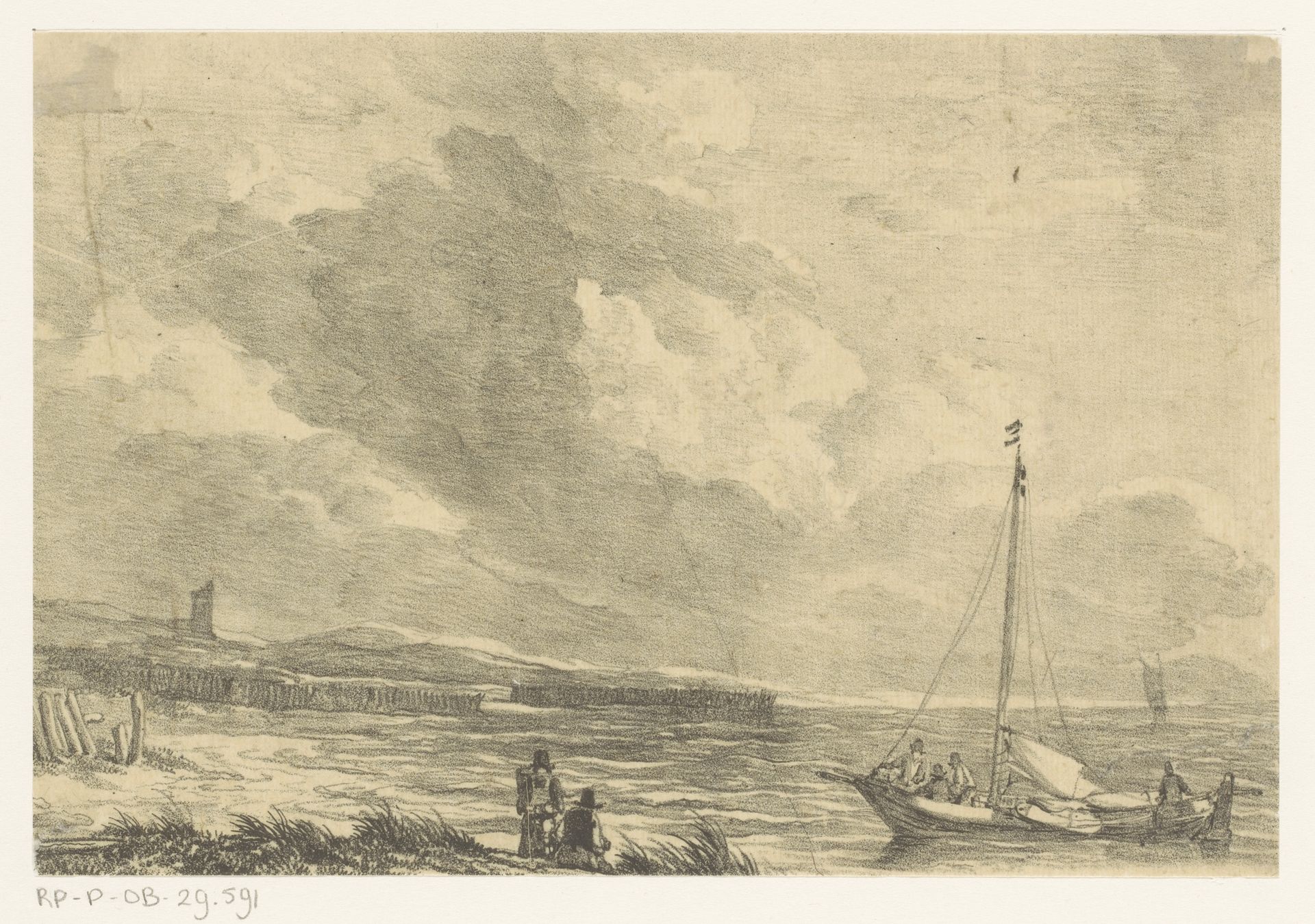 Zeilboot legt aan by Johannes Christiaan Schotel