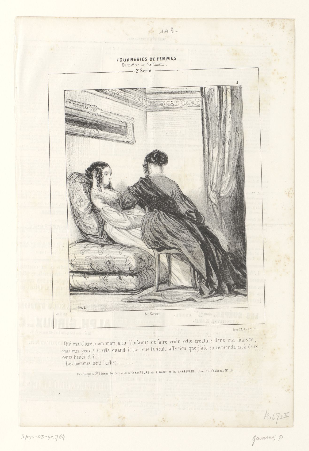 Twee vrouwen spreken elkaar in een huiskamer by Paul Gavarni