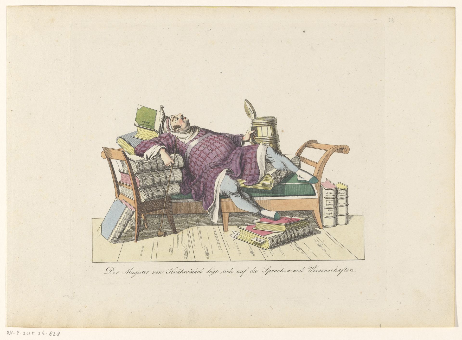 Leraar van Krähwinkel liggend op een sofa met boeken by Johann Nussbiegel