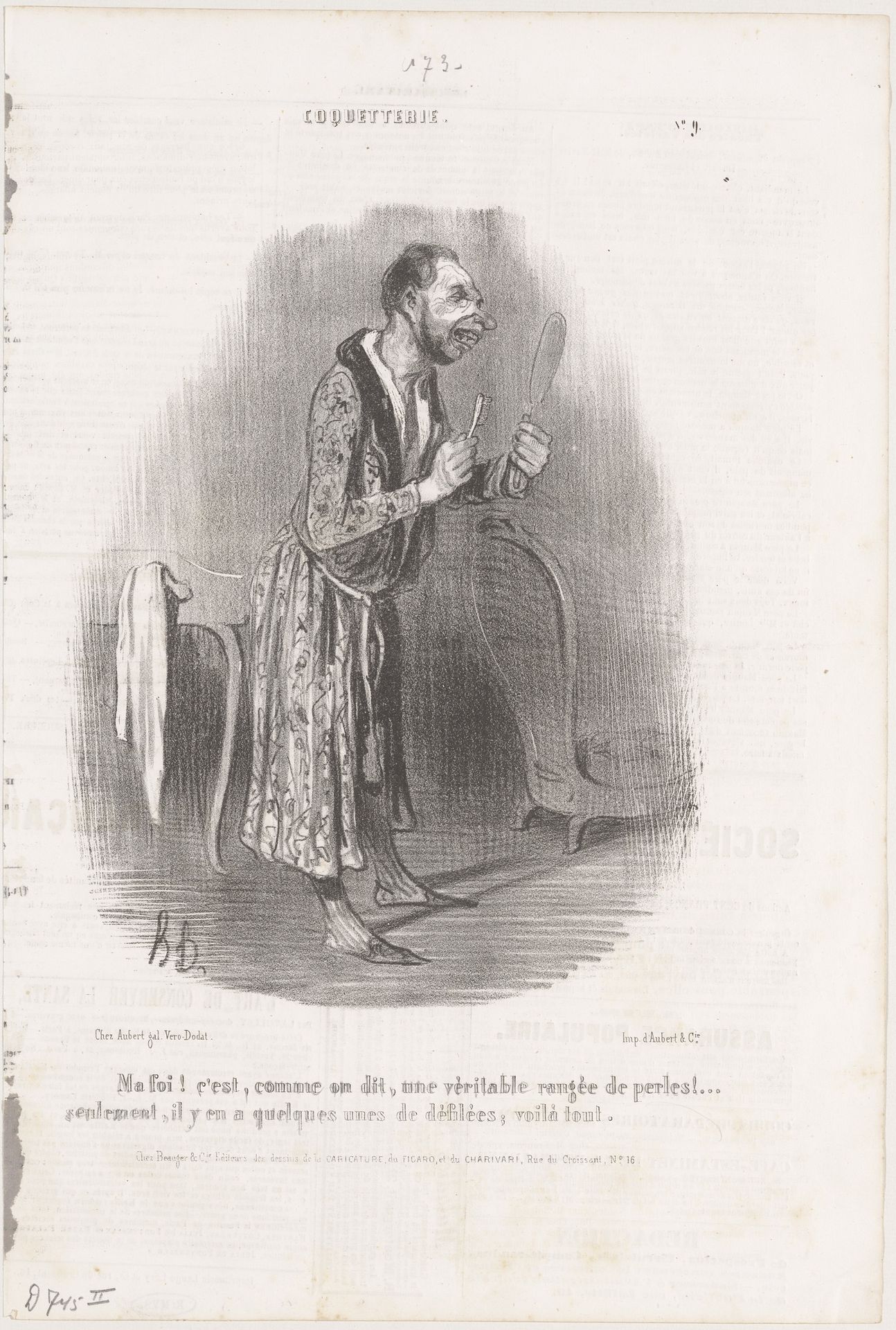 Man met tandenborstel bewondert zijn gebit in de spiegel by Honoré Daumier
