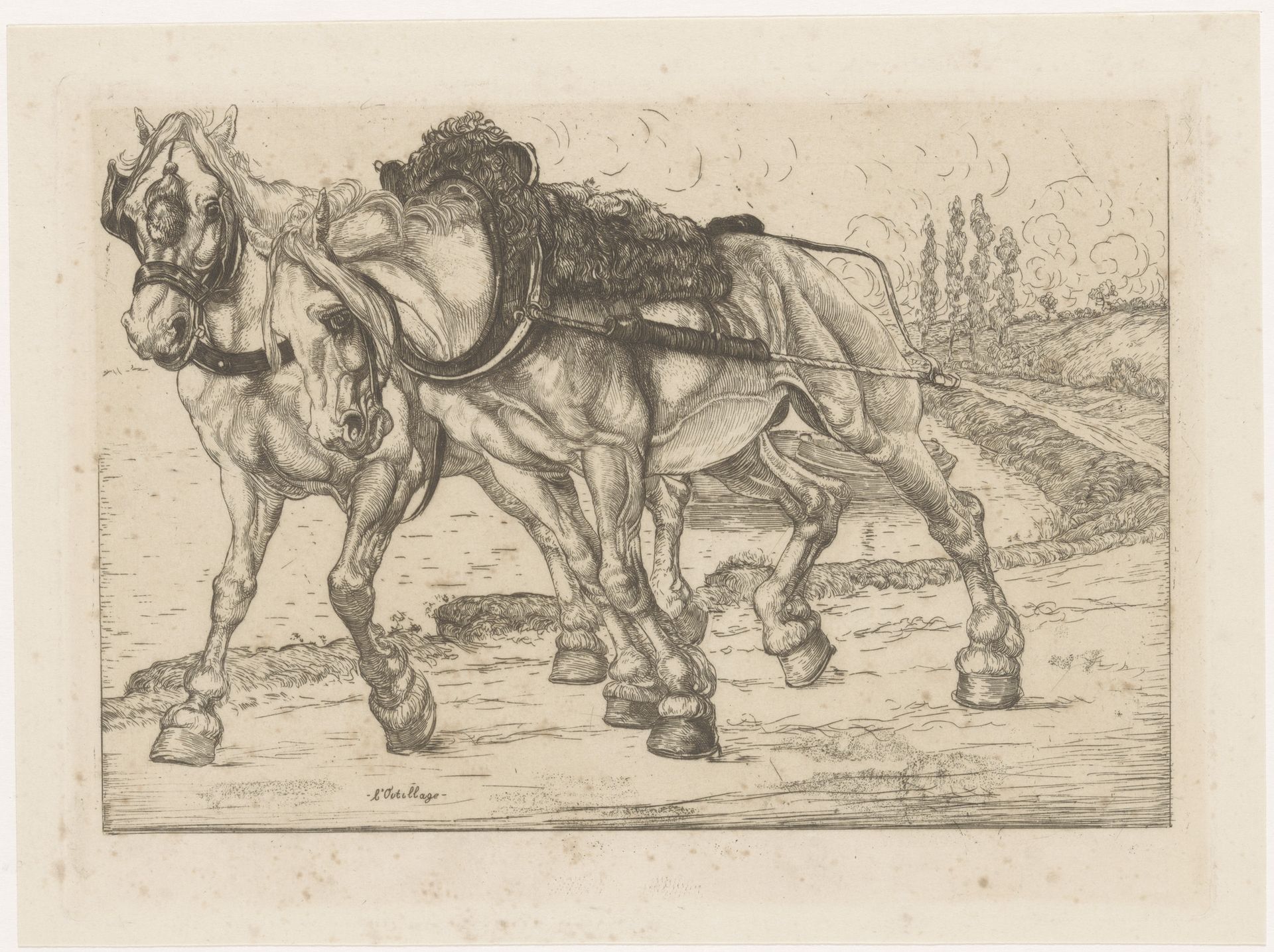 Twee jaagpaarden langs de Marne by Pieter Dupont
