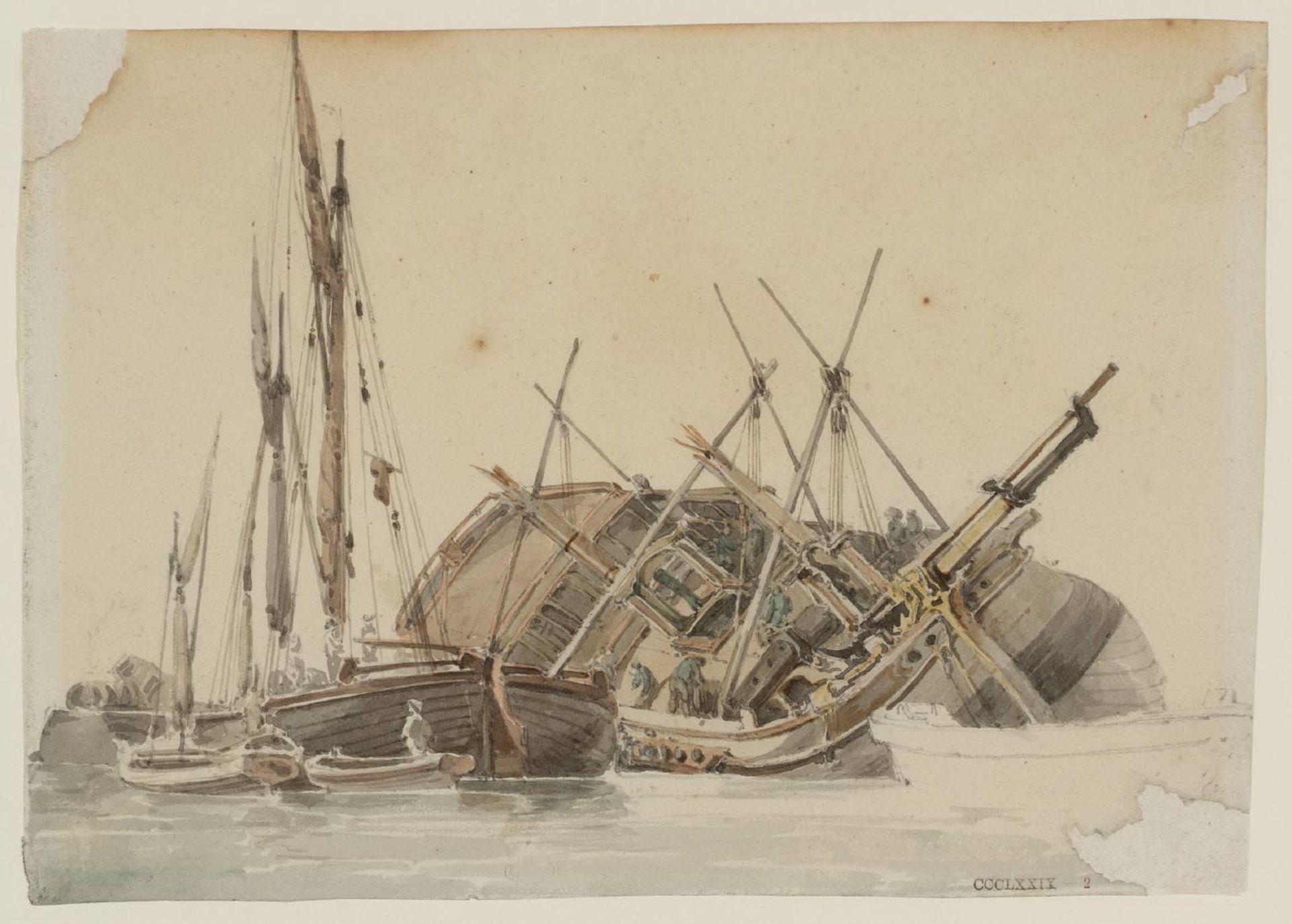 The Hull of a Ship with a Barge and Smaller Boats by Thomas Girtin
