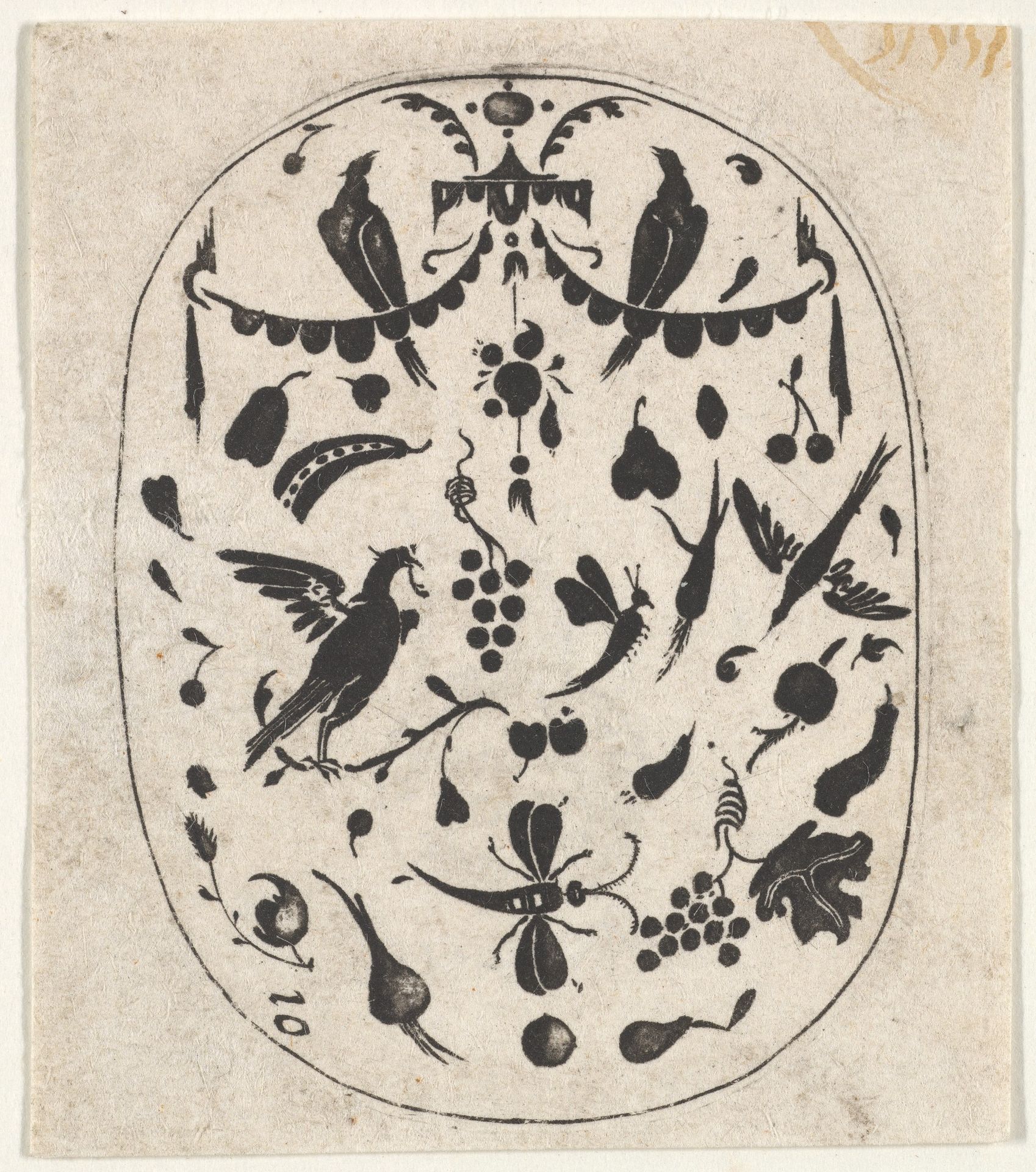 Oval Blackwork Print with Birds, Insects and Fruits by Claes Jansz. Visscher