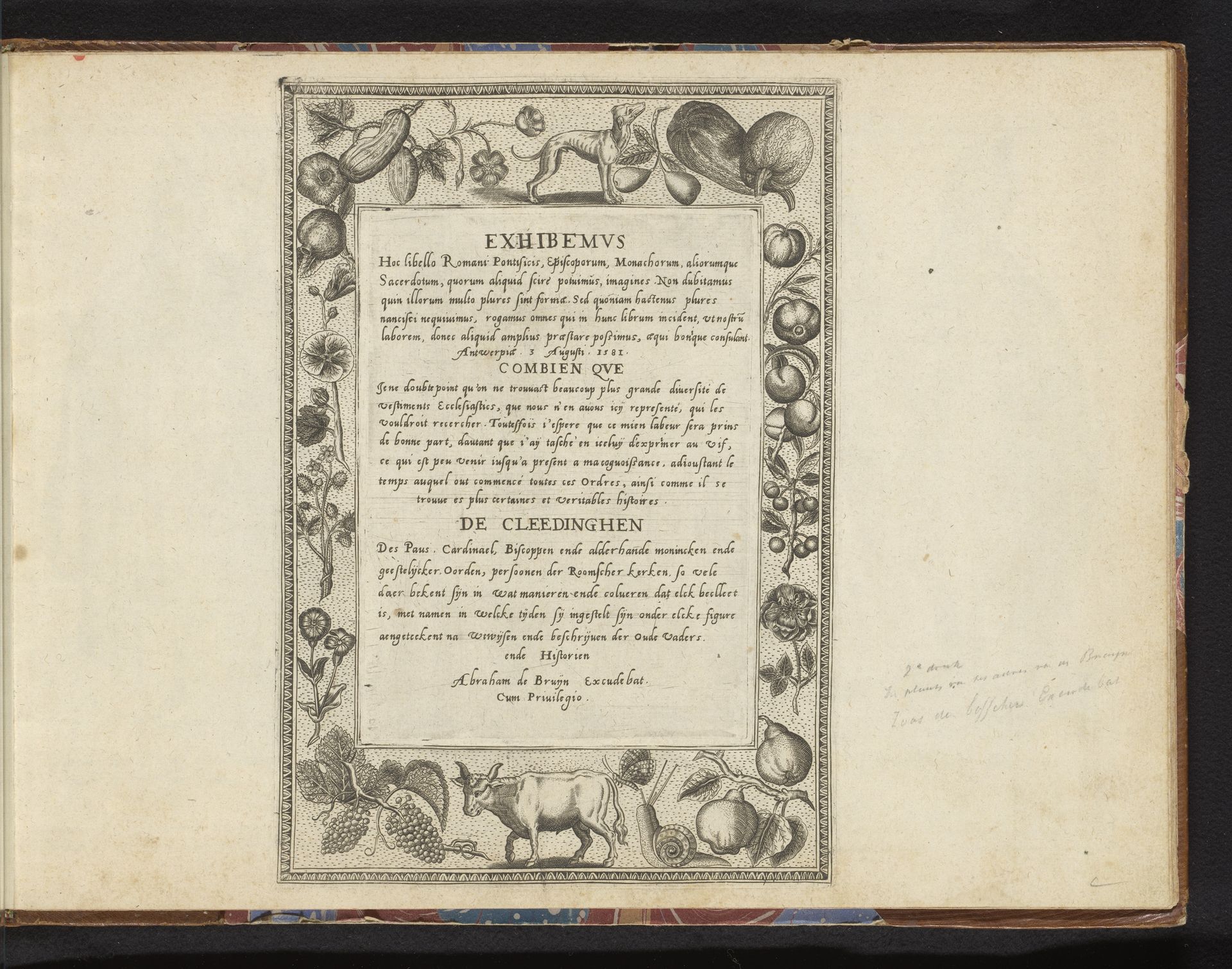 Ornamentrand met vruchten en dieren, waarbinnen tekst over kleding by Abraham de Bruyn