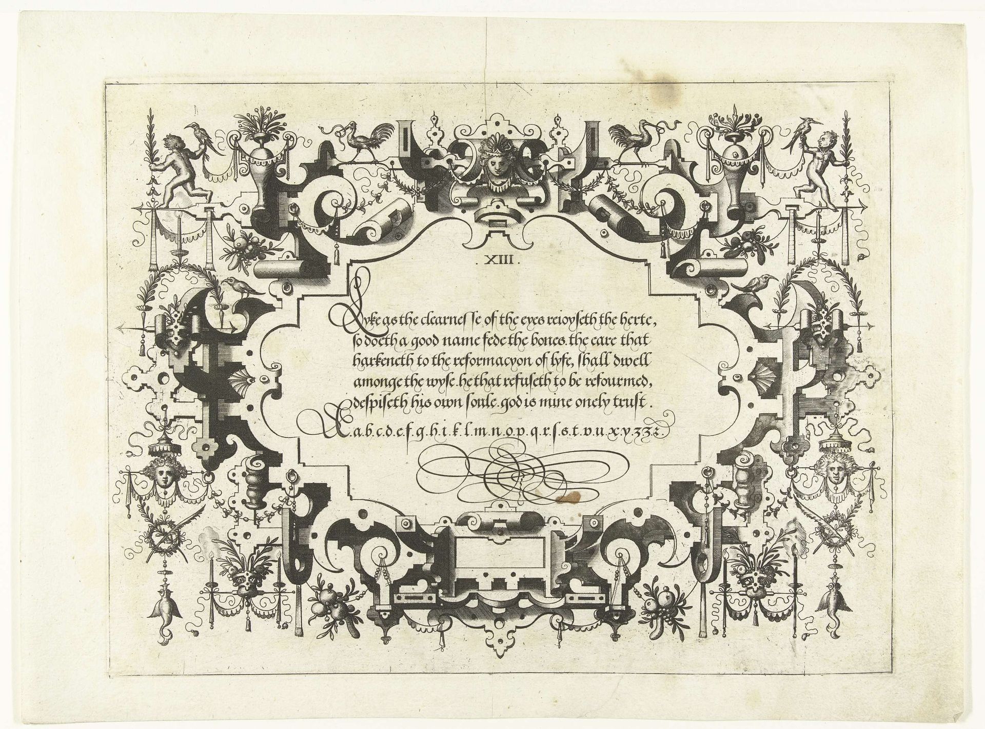 Cartouche met kalligrafie, links- en rechtsboven een kind met vogel by Johannes of Lucas van Doetechum