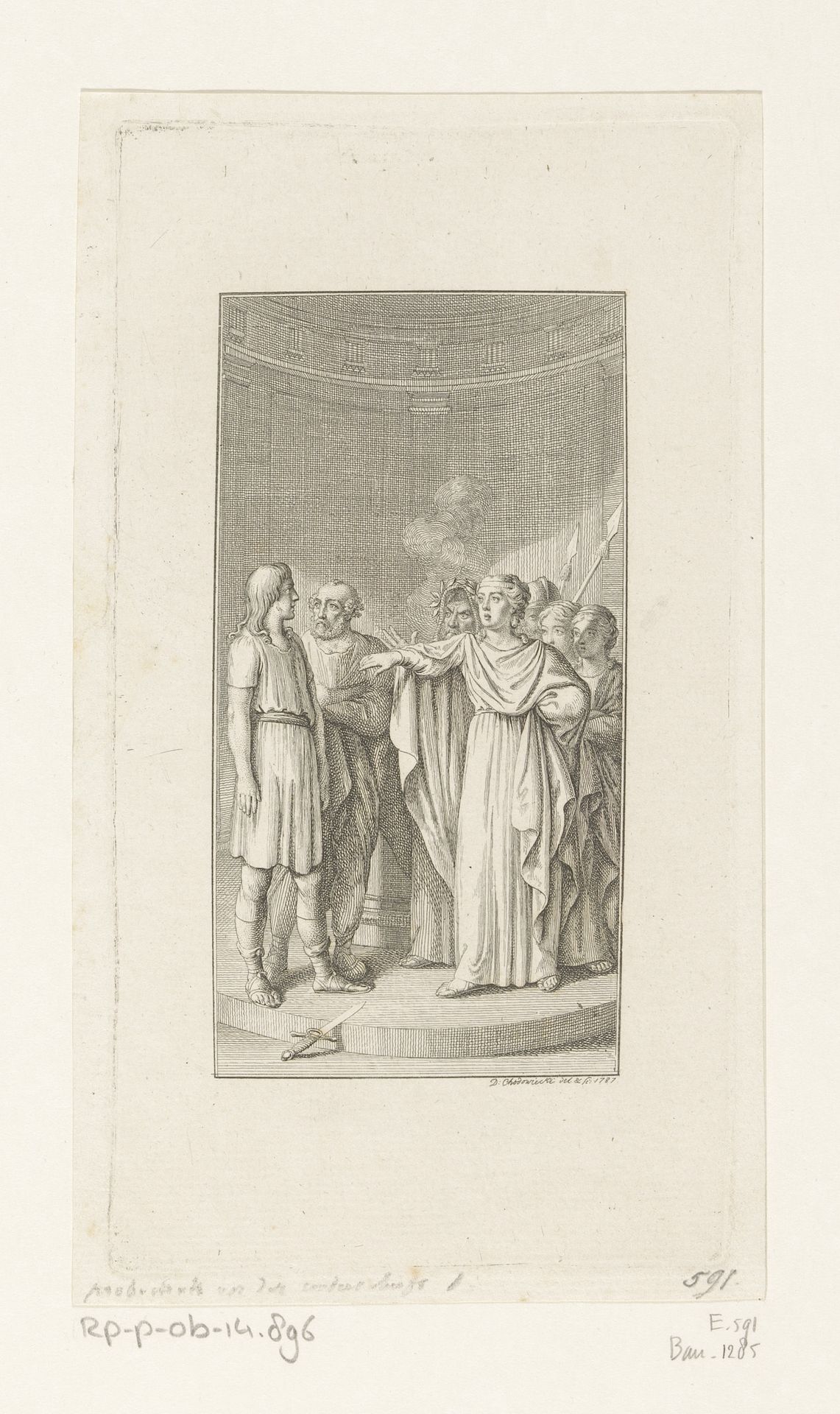 Merope roept het volk en de priesters op tot een eerlijk proces voor Aegisth by Daniel Nikolaus Chodowiecki