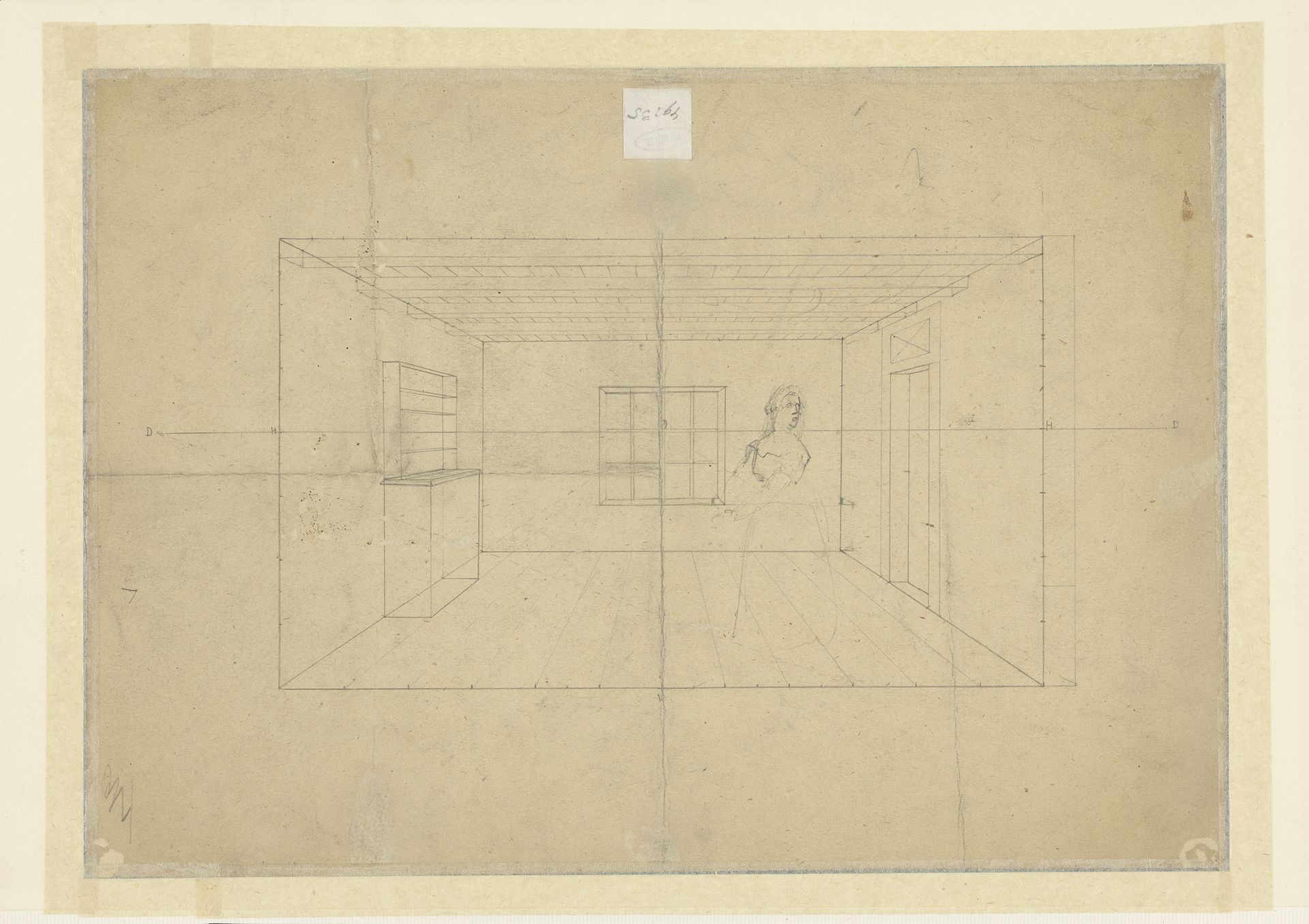 Perspectivische studie van een ruimte, met een staande vrouw by Ludwig Munthe